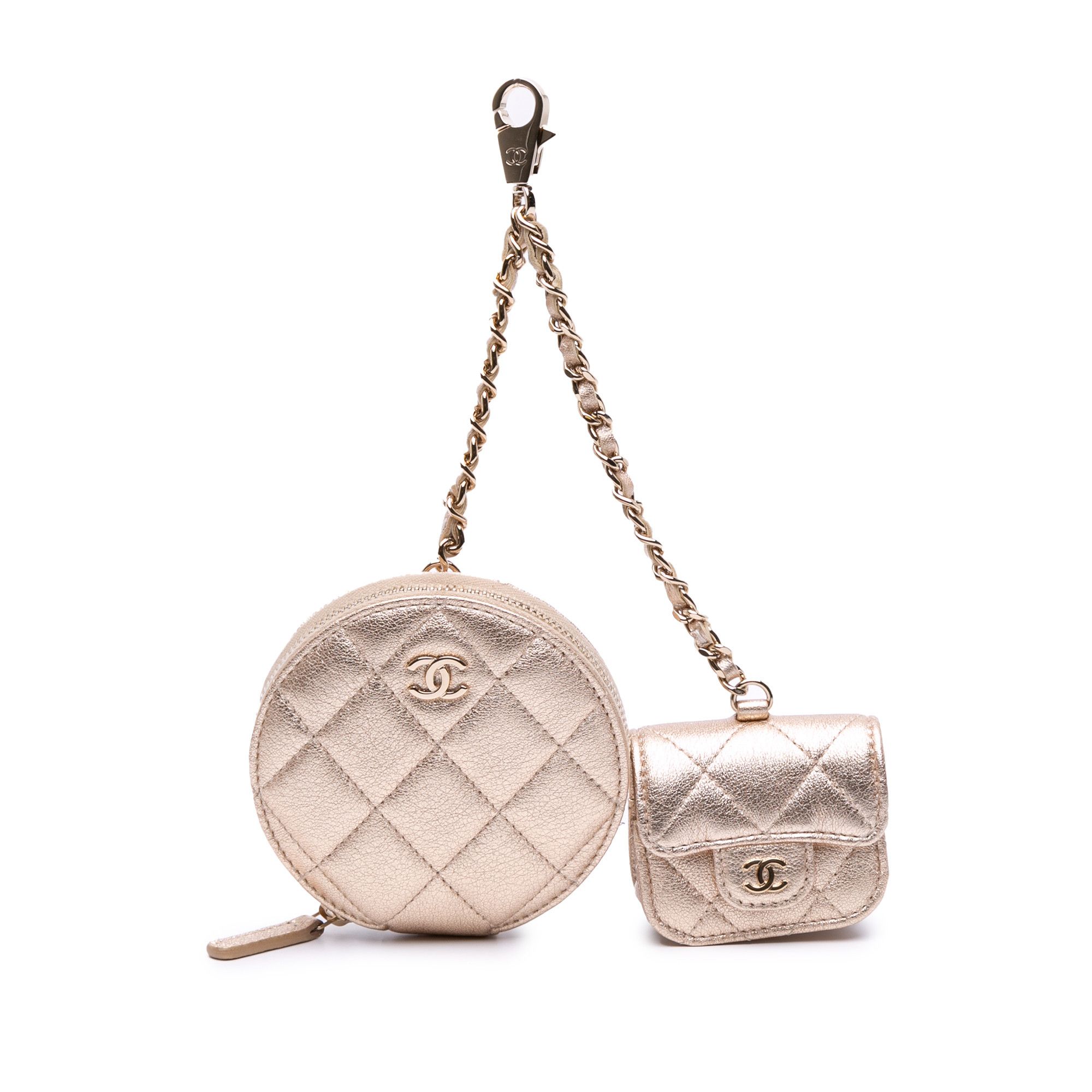 Chanel Metallic Quilted Lambskin Round Clip On Coin Purse Airpods Case in Gold, Women's