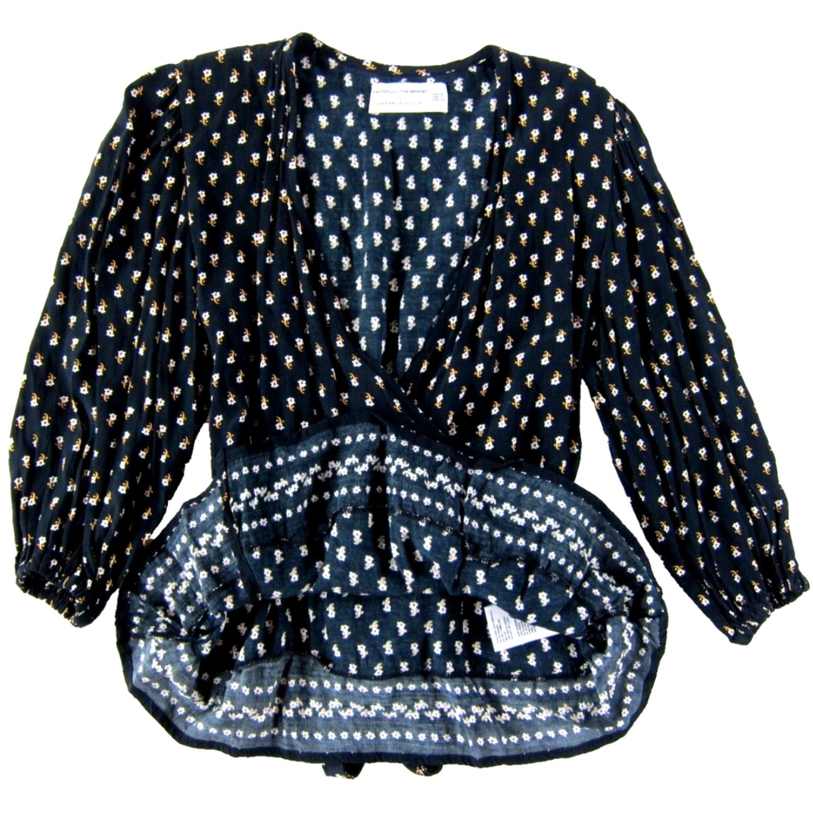 Vintage Faithfull The Brand Anthropologie Black Floral Rayon 3/4 Sleeve Wrap Blouse 2 Size XS / US 0-2 / IT 36-38 - 4 Thumbnail