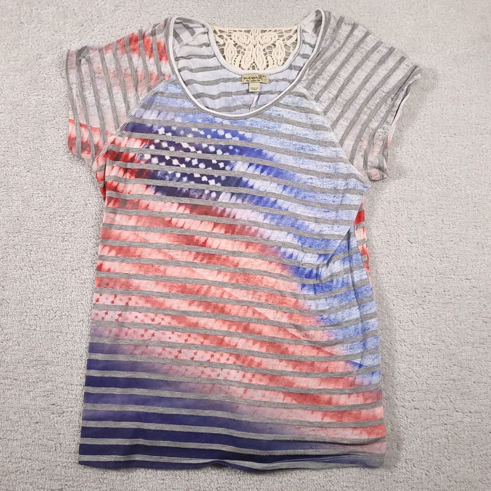 Vintage VINTAGE One World Shirt Womens XL Gray Red Blue Striped Lace Back Boho Patriotic Top Size XL / US 12-14 / IT 48-50 - 2 Thumbnail