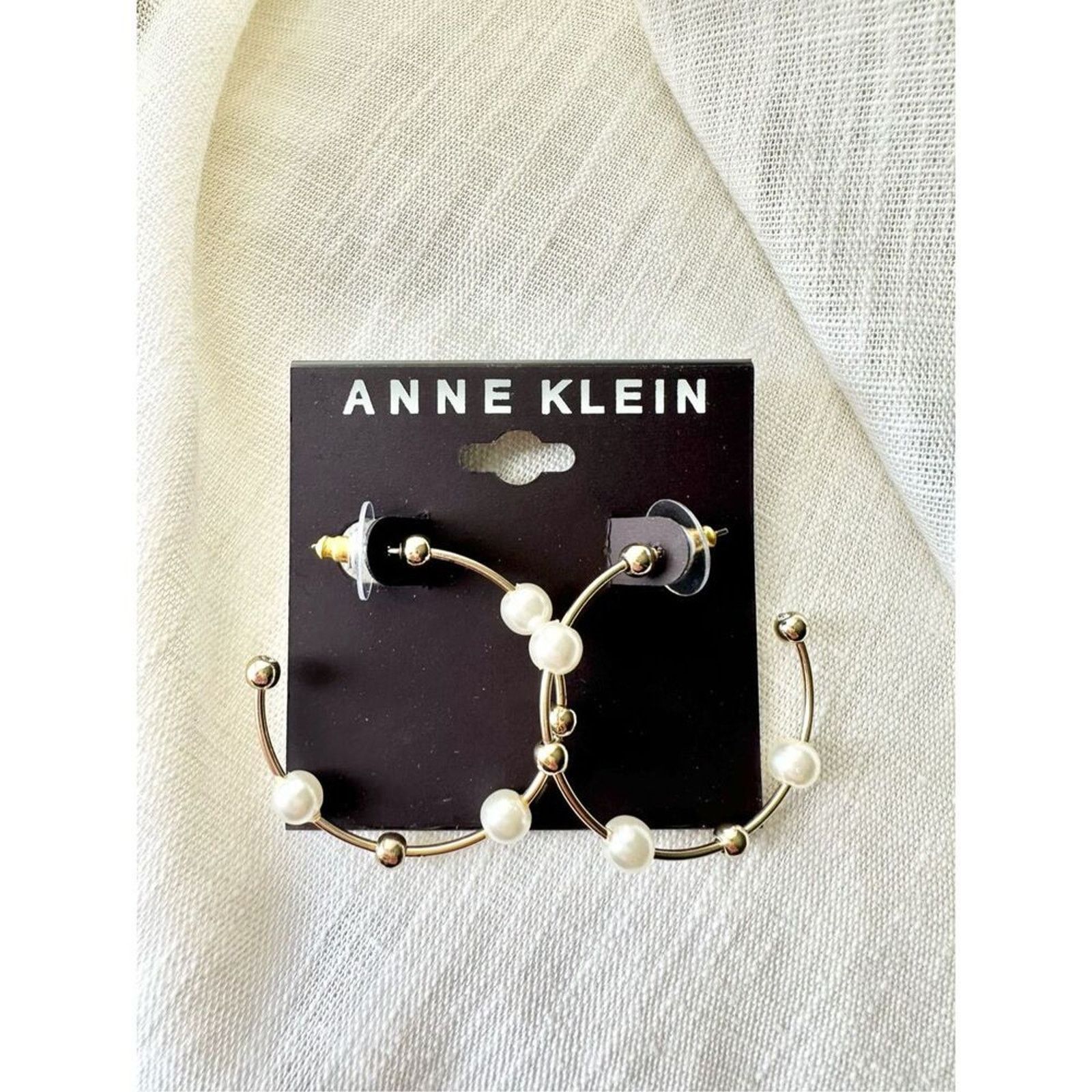 Anne Klein Anne Klein Gold-Tone Faux Pearl Hoop Earrings - Classic! Size ONE SIZE - 1 Thumbnail