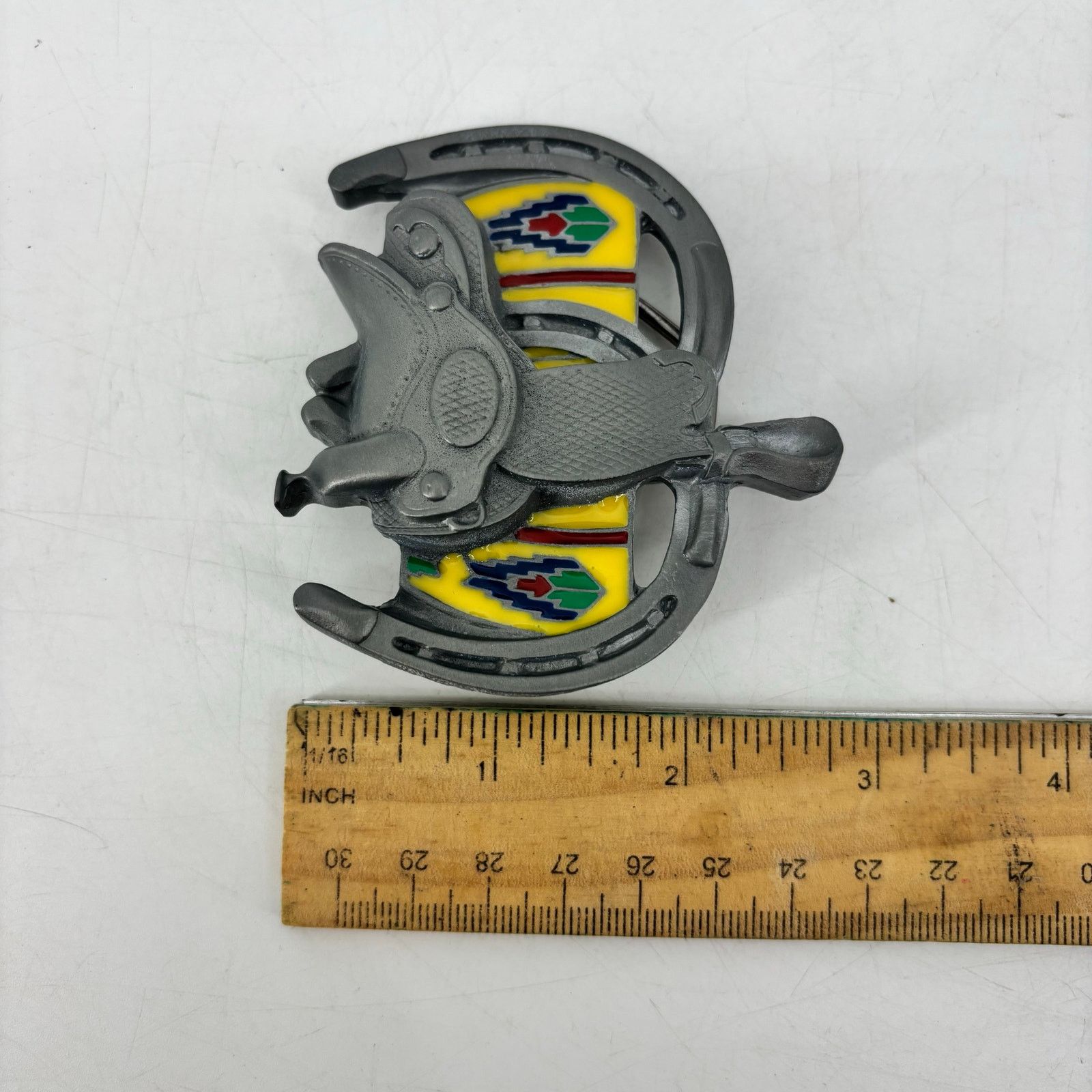 Vintage Western Belt Buckle Saddle Horseshoe Pewter Enamel Southwest Size ONE SIZE - 6 Thumbnail