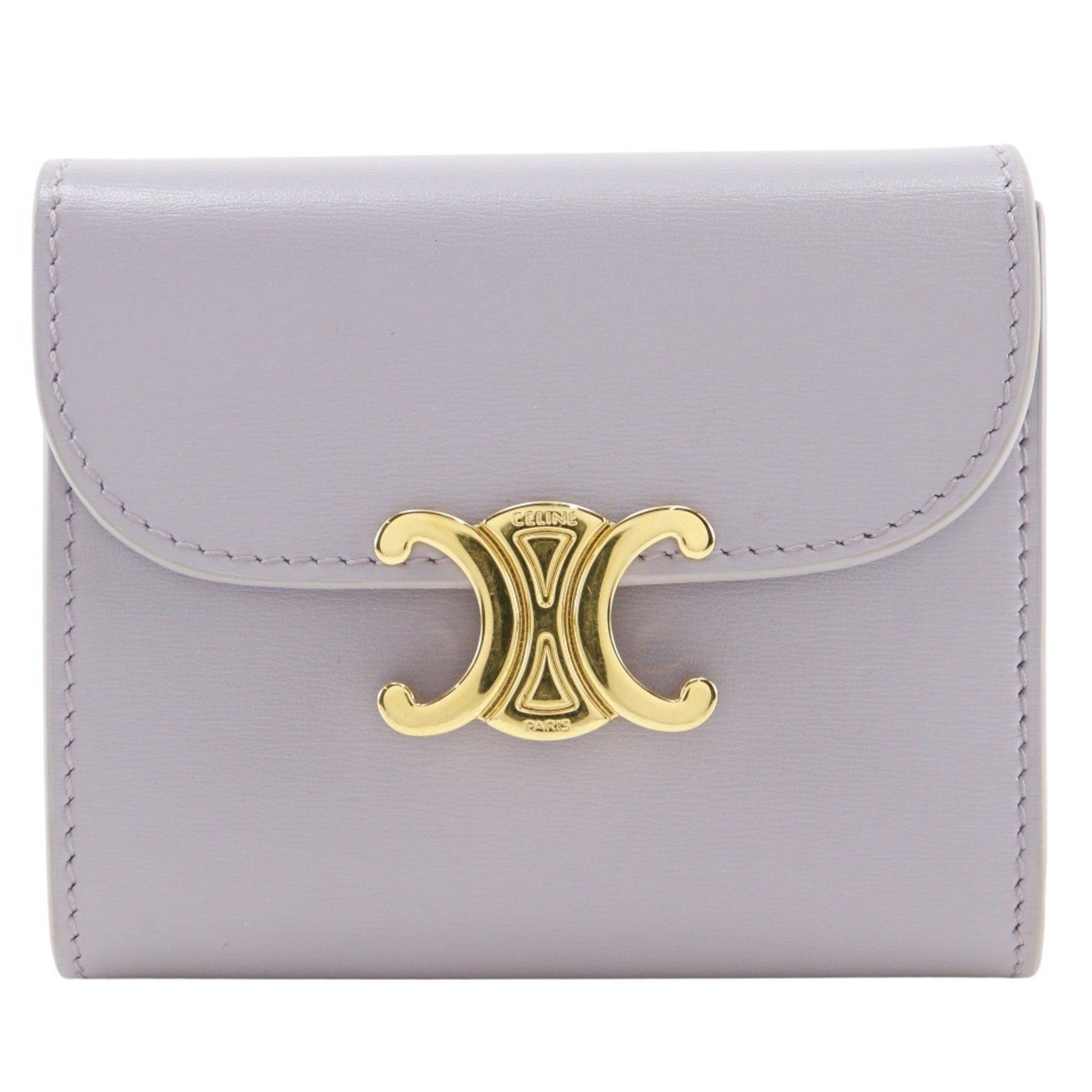 Celine Celine Triomphe Tri-fold Wallet, Small Flap Compact Leather, Purple, Snap Button, Triomphe, Women's Size ONE SIZE - 1 Thumbnail