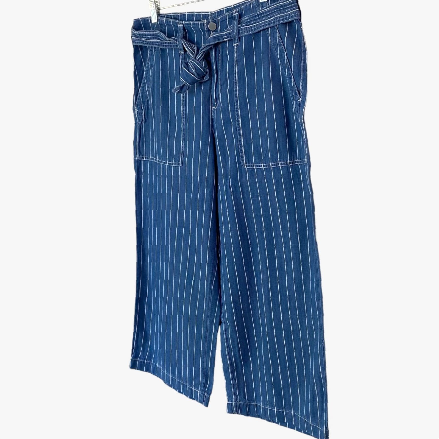 Vintage SEVEN7 Belted Wide-Leg Cropped Pants Denim Womens 8 Blue Striped Loose-Fit New Size 30" / US 8 / IT 44 - 2 Thumbnail