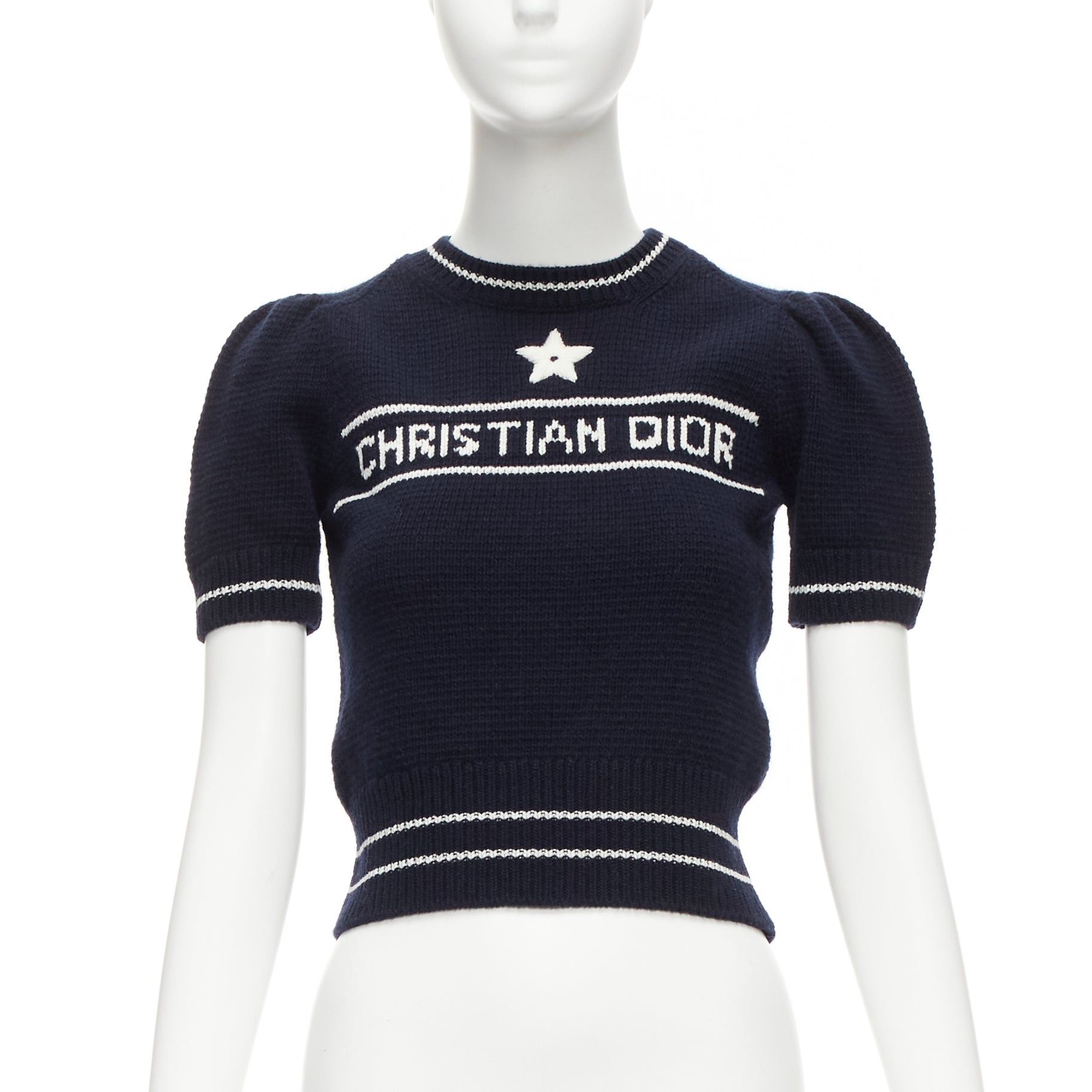 Dior CHRISTIAN DIOR 2022 100% cashmere navy white puff sleeve crew crop sweater FR34 XXS Size XS / US 0-2 / IT 36-38 - 1 Thumbnail