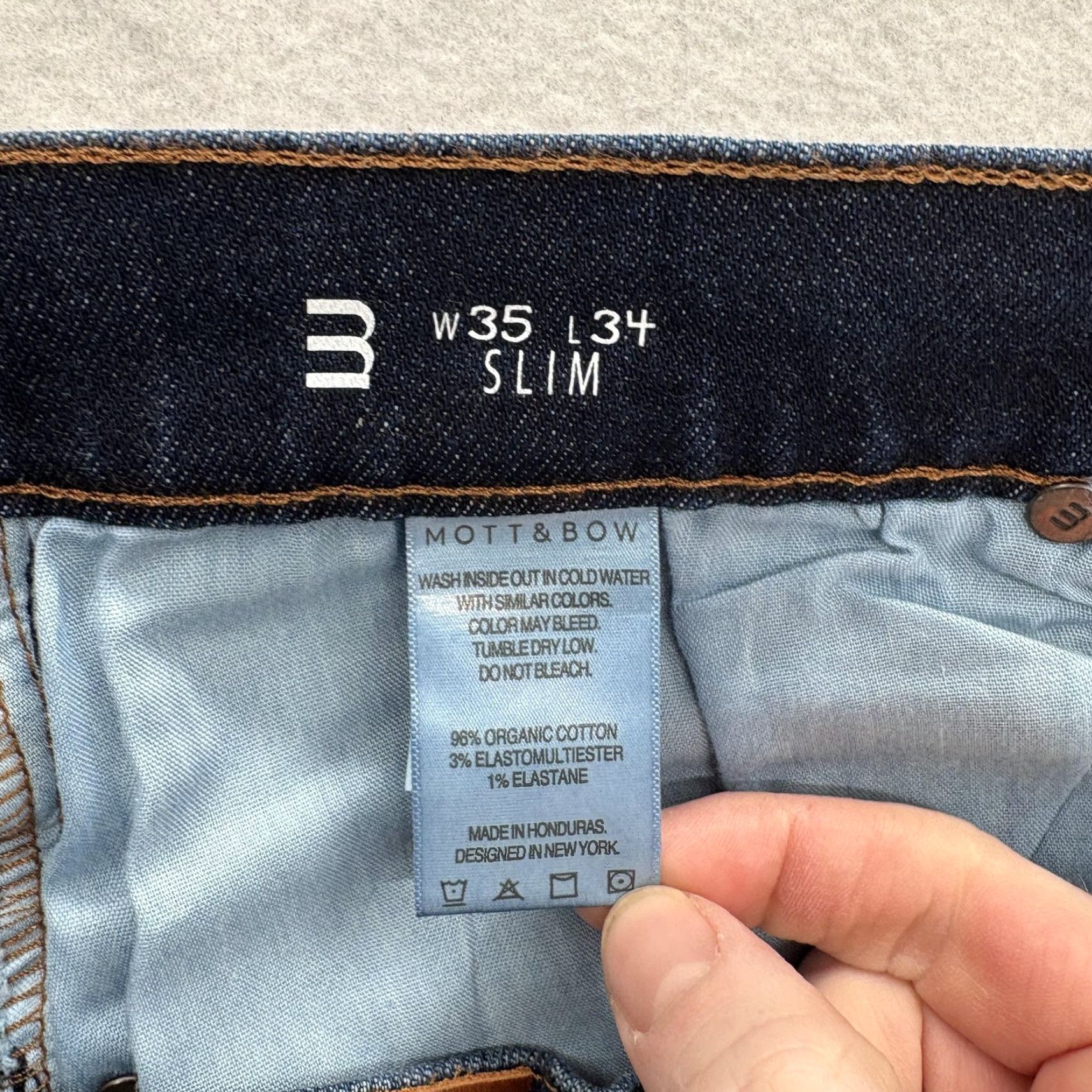 Mott & Bow Mott & Bow Jeans Slim Mens 35x34 Blue Dark Wash Denim Pants Slim Stretch Cotton Blend Pockets Zip 35 Inseam Straight Size US 35 - 5 Thumbnail