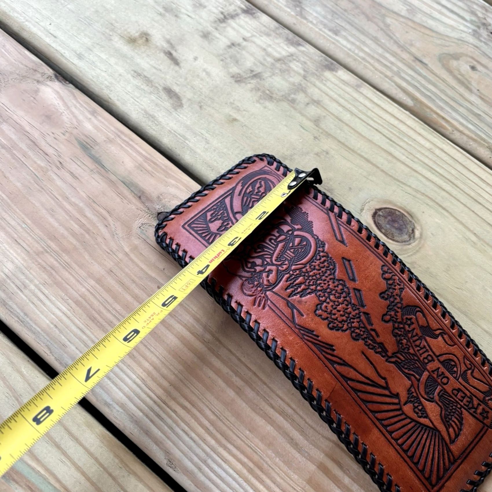 Vintage VINTAGE Leather Wallet Keep On Bikin Whipstitch Hand Tooled Motorcycle Bifold Wallet Men Brown Leather Eagle Pattern LACED Handmade United States Size ONE SIZE - 4 Thumbnail
