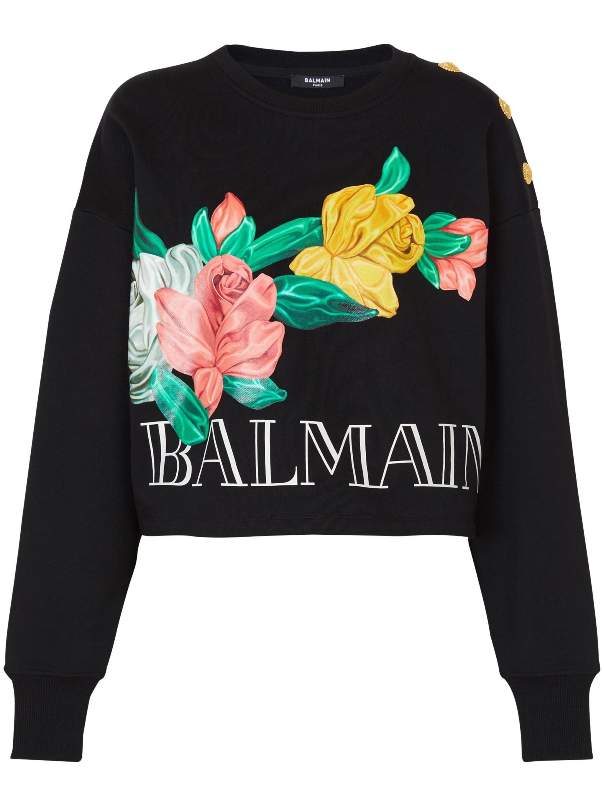 Balmain o1s1wg110125 Rose-Print Cropped Sweatshirt in Black Size M / US 6-8 / IT 42-44 - 1 Thumbnail