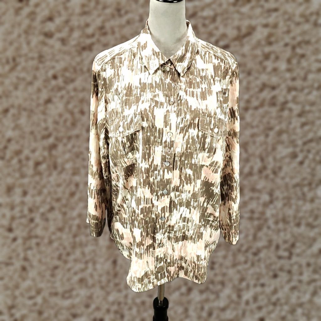 Vintage Chicos Button-Up Top Womens XL Pink Brown Roll Tab Sleeve Blouse Chicos 3 Size XL / US 12-14 / IT 48-50 - 1 Thumbnail