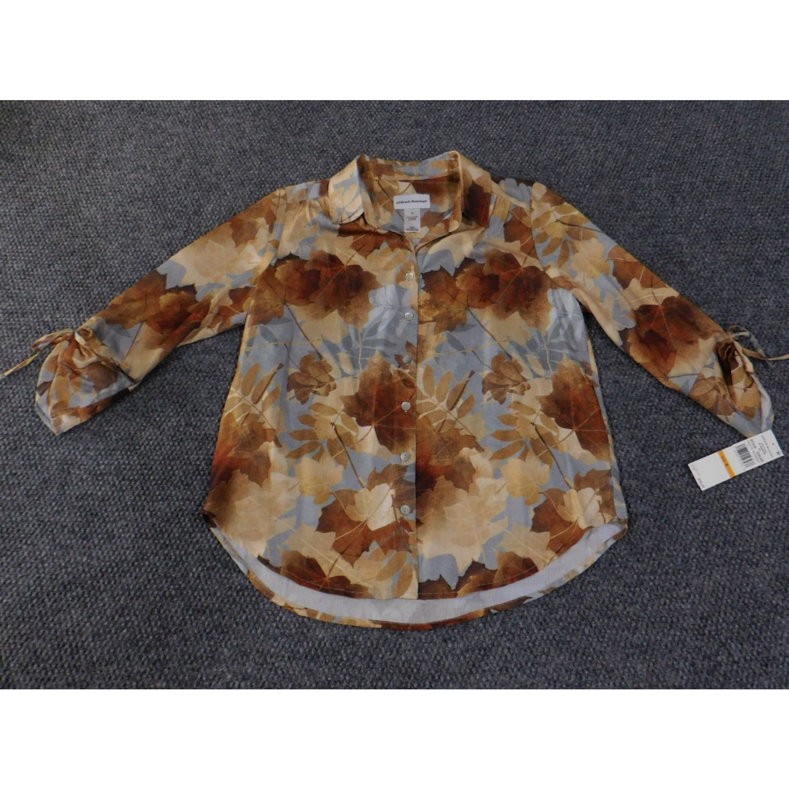 Vintage Alfred Dunner Blouse Womens S Brown Tan Leaf Print Button Front Sheer Top Casual Knit Polyester Beaded 3/4 Sleeve Geometric ID:None Size S / US 4 / IT 40 - 2 Thumbnail