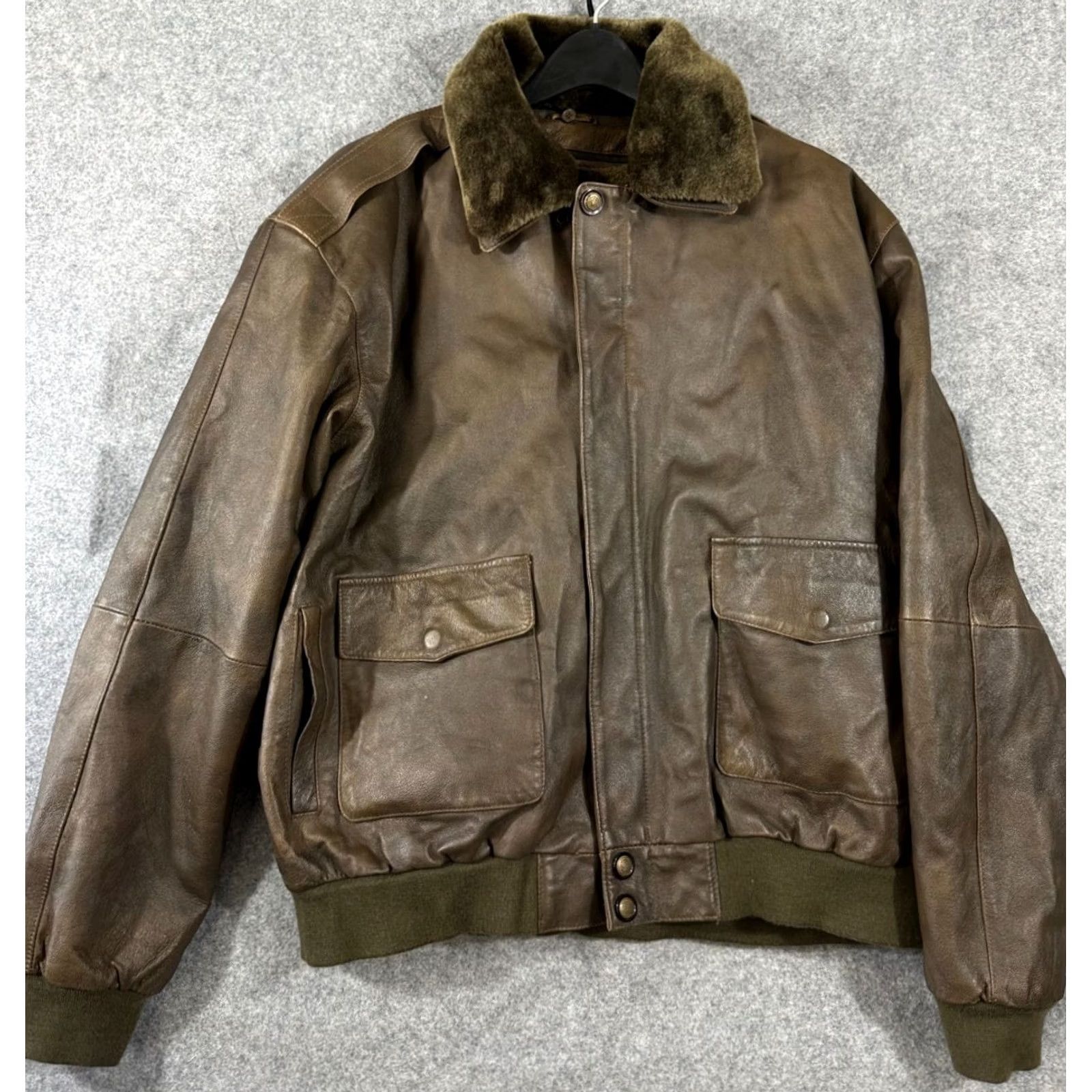 Vintage Aviator Bomber Jacket Mens XL Brown Green Genuine Leather Removable Liner Zipper Size US XL / EU 56 / 4 - 2 Thumbnail