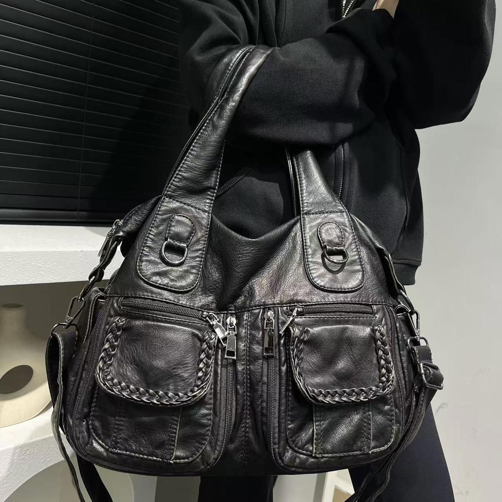 Vintage Green and Black Braided Pocket Leather Handbag Size ONE SIZE - 3 Thumbnail