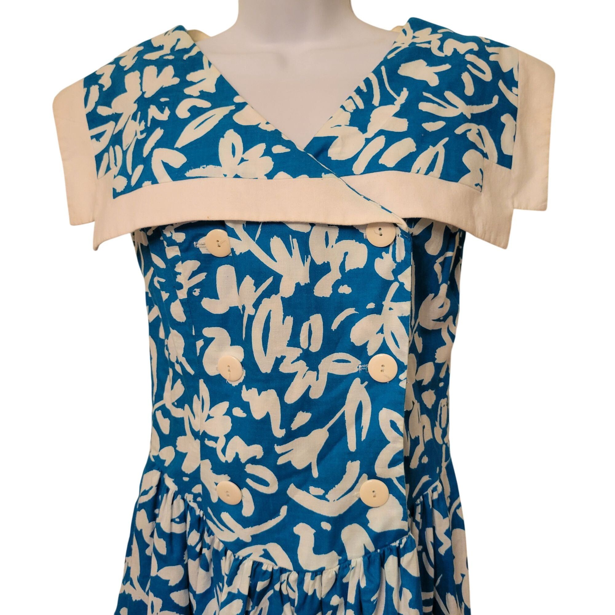 Vintage Vintage 1980s V. Fox Blue White Floral Dress 8 Collar Open C Size M / US 6-8 / IT 42-44 - 2 Thumbnail