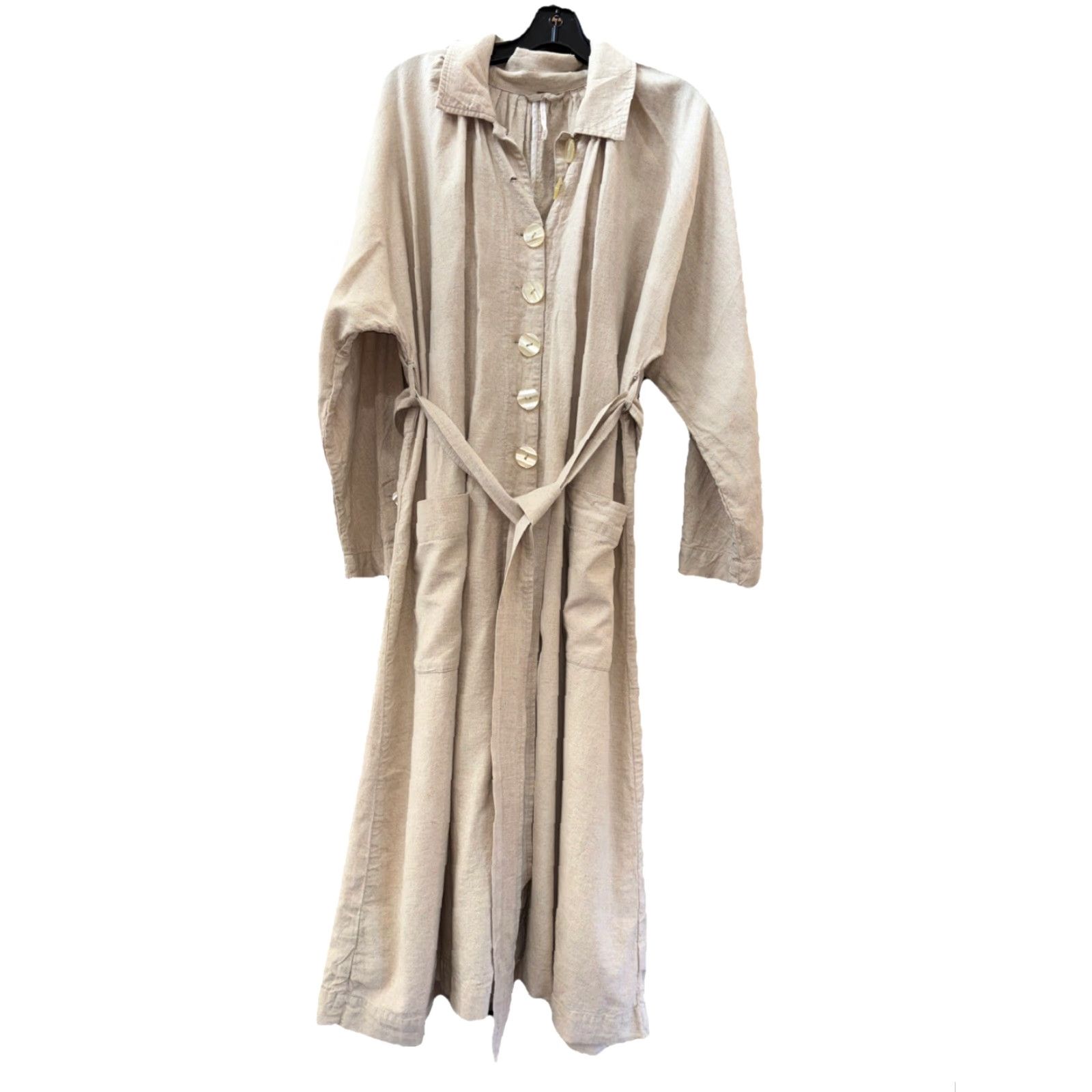 Free People VINTAGE Free People Meet Me In Montauk Linen Duster Sand S Button Up Belt Pockets Tan Size ONE SIZE - 2 Thumbnail