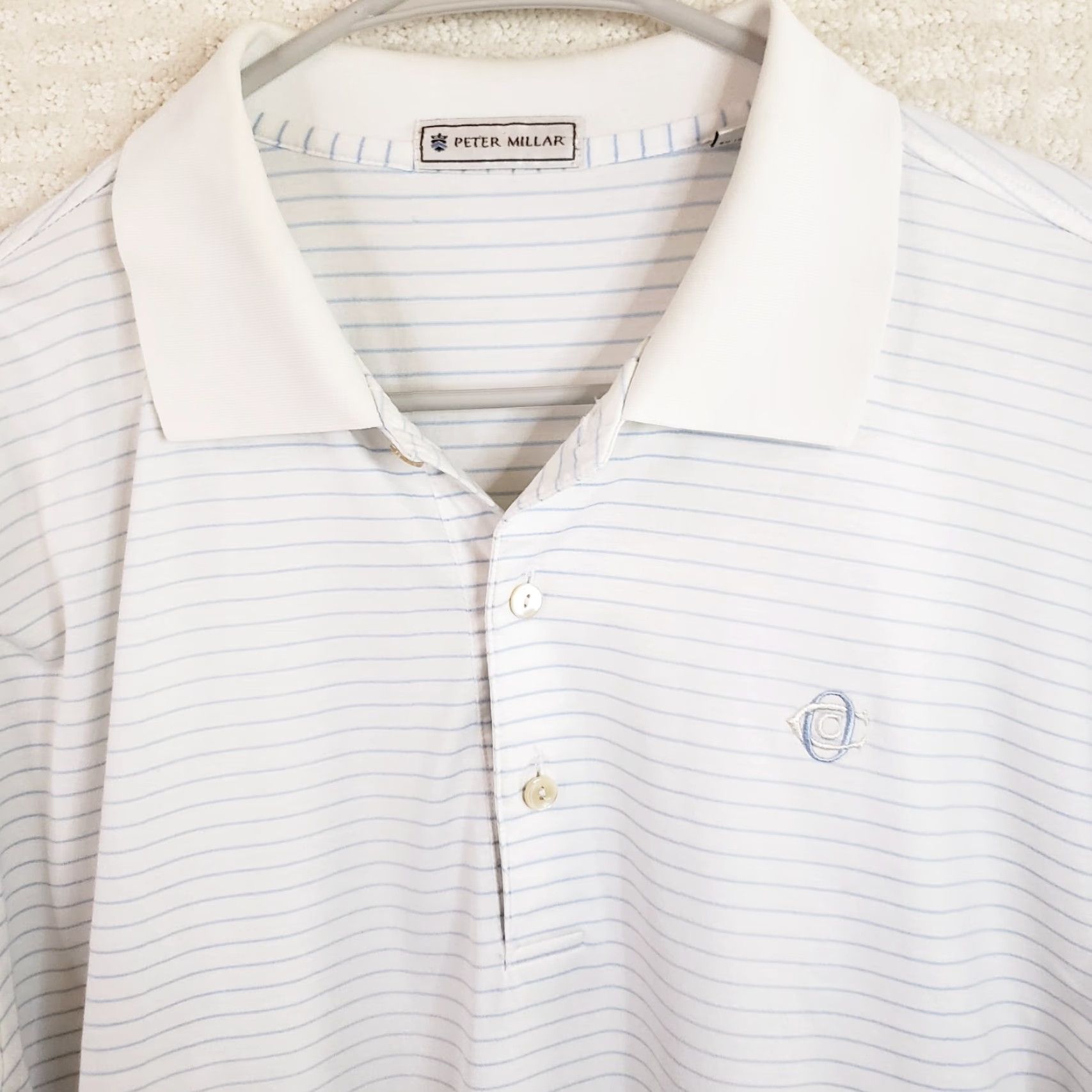 Peter Millar Peter Millar Shirt Mens Large White Blue Striped Golf Polo Cotton OCC Logo Shirt Size US L / EU 52-54 / 3 - 3 Thumbnail