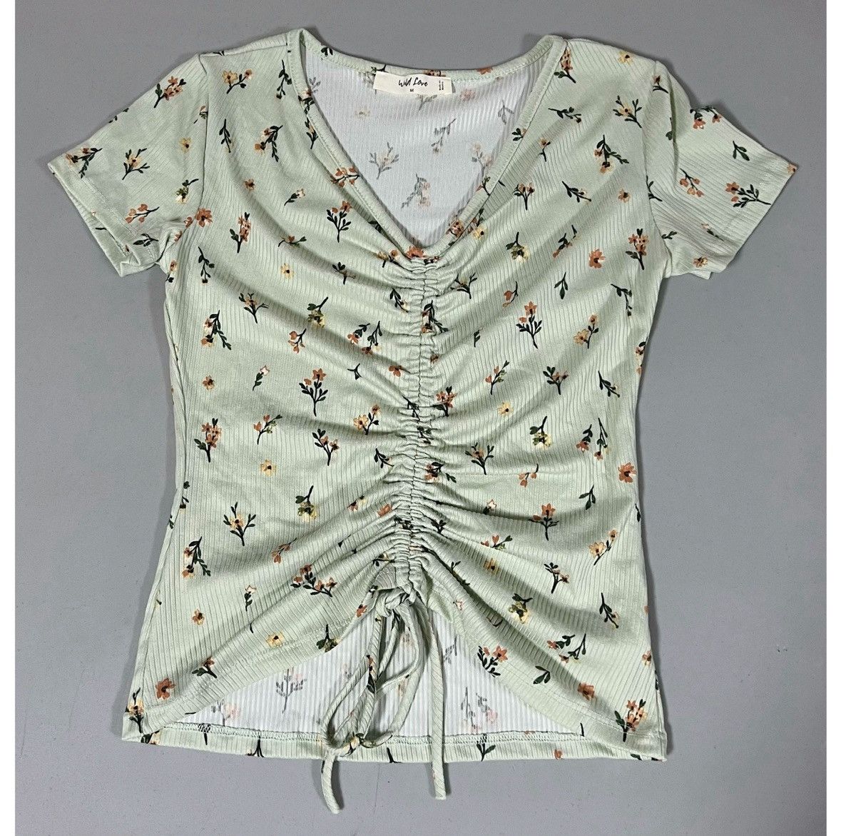 Vintage Green Pastel Floral Ruched Tee T-Shirt Top Blouse Size M 🪷✨ Size M / US 6-8 / IT 42-44 - 3 Thumbnail