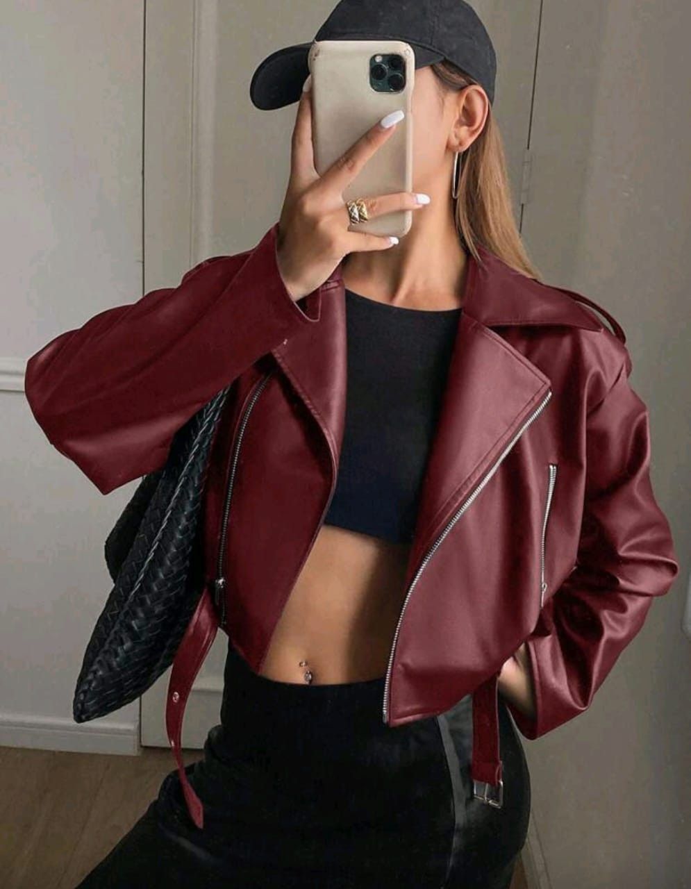 Other Women’s Burgundy Faux Leather Biker Jacket–Cropped Fit 🍷🔥 Size S / US 4 / IT 40 - 1 Thumbnail