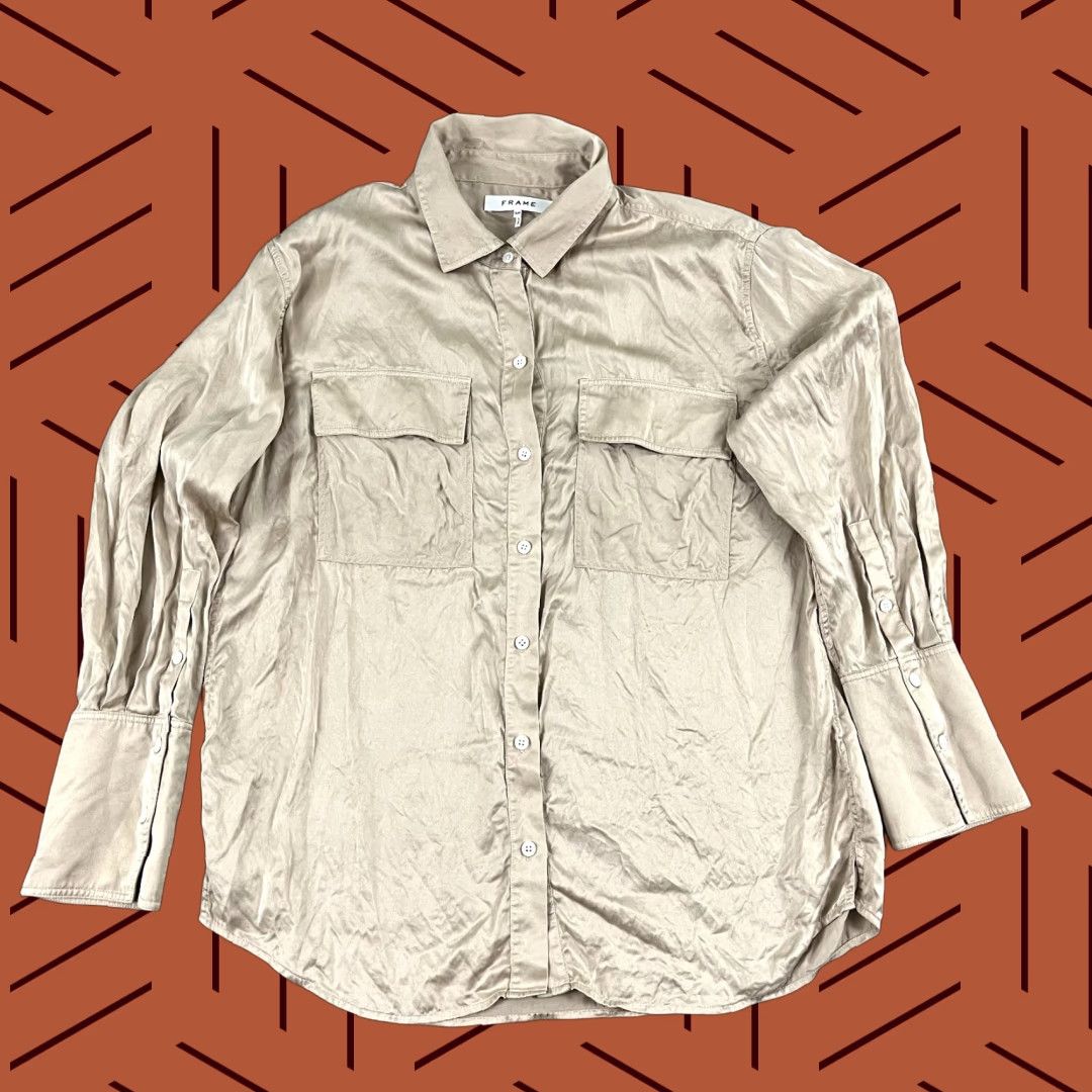 Frame VINTAGE FRAME Shirt Womens Small 100% Silk Button-Up Brown Regular L/S Pockets 90s? Size S / US 4 / IT 40 - 1 Thumbnail