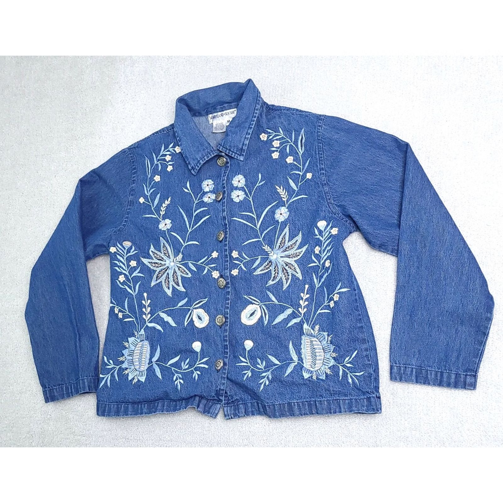 Denime Vtg Maryland Square Denim Jacket Women's Medium Embroidered Floral Button Jean Size 32" / US 10 / IT 46 - 2 Thumbnail