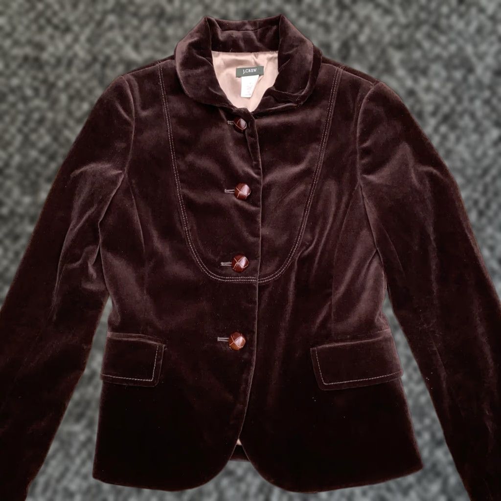 J.Crew VINTAGE J.CREW Blazer Velvet Womens 0 Brown Notch Notch Lapel Four-Button Short Sleeve Single-Breasted Dry Clean Only Solid 100% Cotton Jacket Size XS / US 0-2 / IT 36-38 - 1 Thumbnail