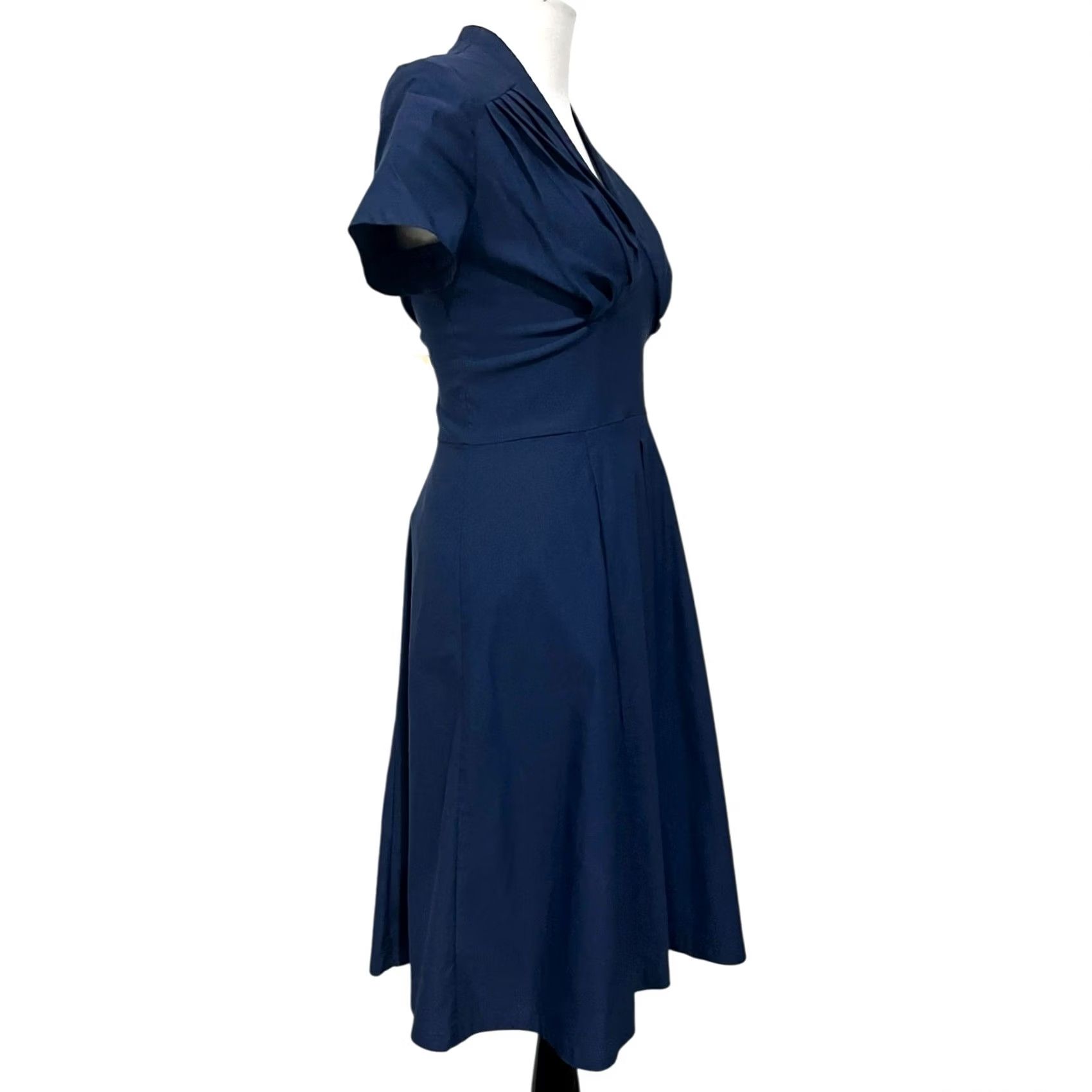 Vintage Miss Lulo Dress Navy Blue Midi Fit & Flare Pleated Short Sleeve Stretch Womens L Dress Size 36" / US 14 / IT 50 - 7 Thumbnail