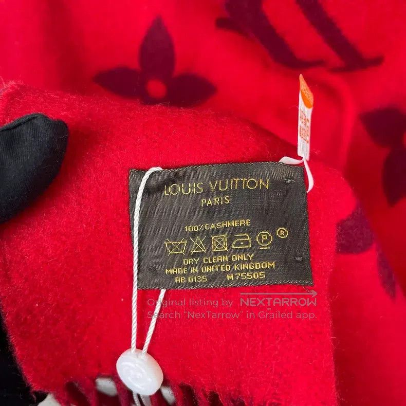 Louis Vuitton Louis Vuitton Burgundy Full Print Cashmere Reversible Frin Size ONE SIZE - 9 Thumbnail