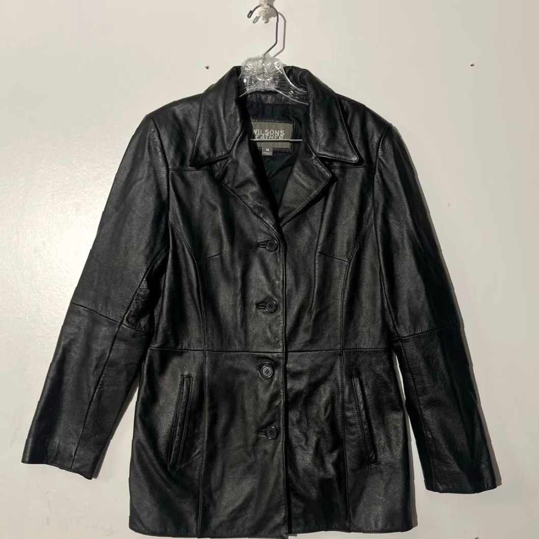 Vintage Wilsons Leather Black Leather Button Front Blazer Jacket Womens M Tall Medium Buttoned Blazer Size M / US 6-8 / IT 42-44 - 2 Thumbnail