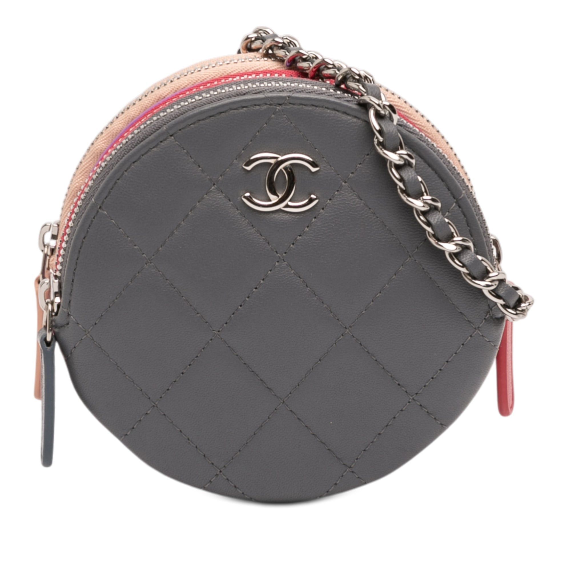 CC Quilted Lambskin Triple Zip Round Clutch With Chain