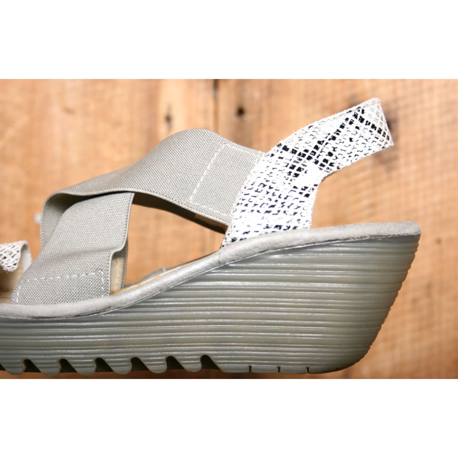 Fly London FLY London Yaji Elastic Snake Print Leather Wedge Sandals EU 39 ≈ US 8-8.5, Gray, Strappy, Mid Heel, Leather | Elastic, Sandal, Women Size US 8.5 / IT 38.5 - 7 Thumbnail