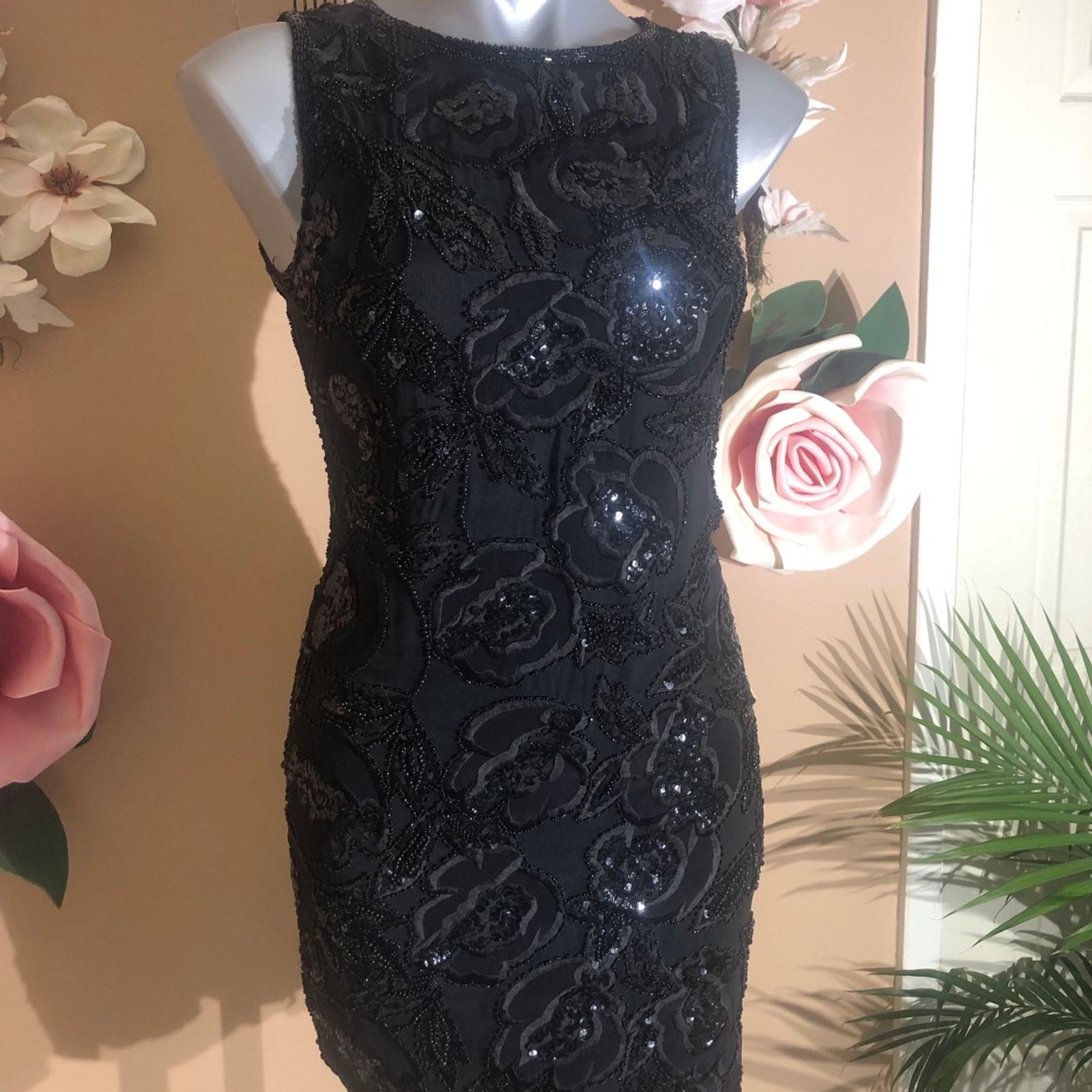 Oleg Cassini Black short sleeve beaded mini gown dress Size S / US 4 / IT 40 - 2 Thumbnail