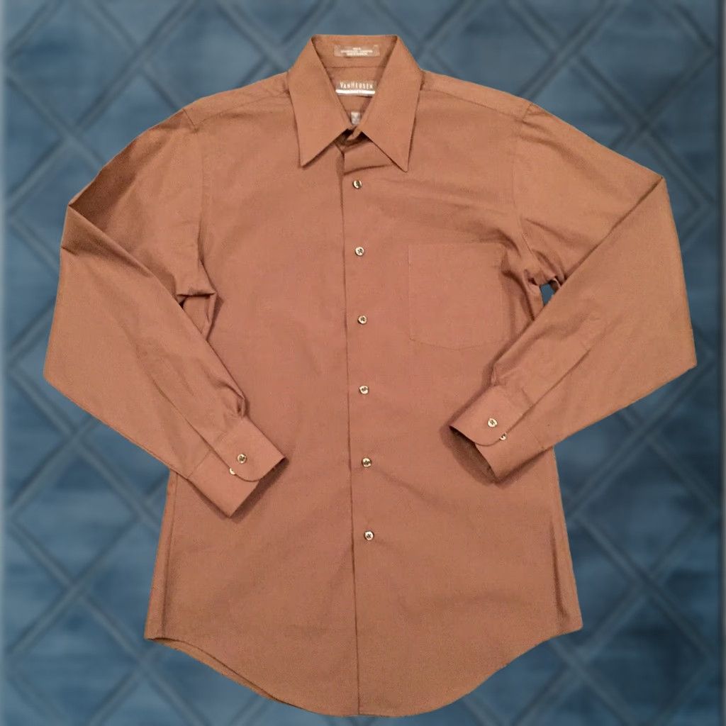 Van Heusen Van Heusen Shirt Mens M Brown Long Sleeve Button-Up Poplin Size US M / EU 48-50 / 2 - 1 Thumbnail