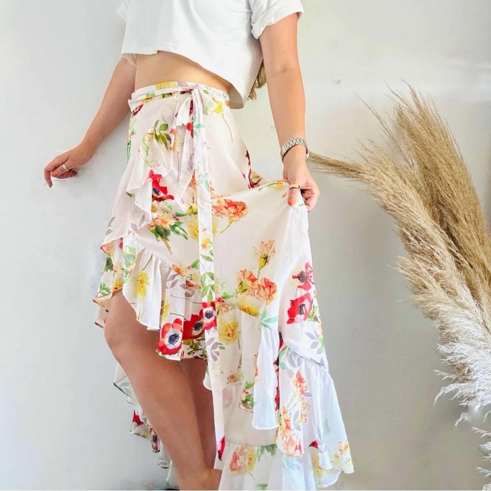 YUMI KIM ANTHROPOLOGIE Cream Floral Ruffle Maxi Wrap Skirt