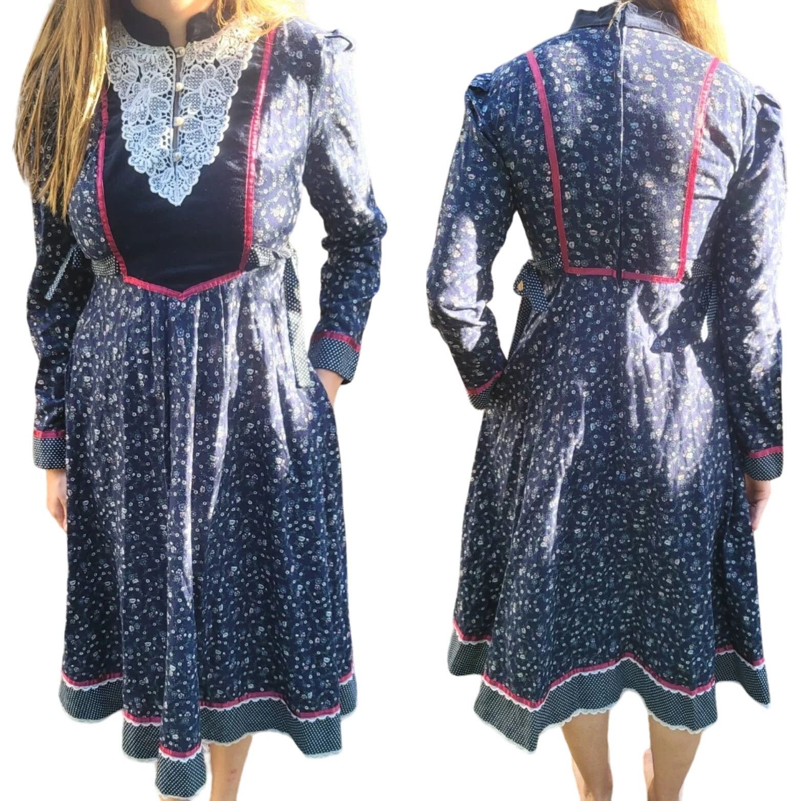 VTG Gunne Sax 1970 Prairie Midi Dress Floral Lace Cotton 5 S