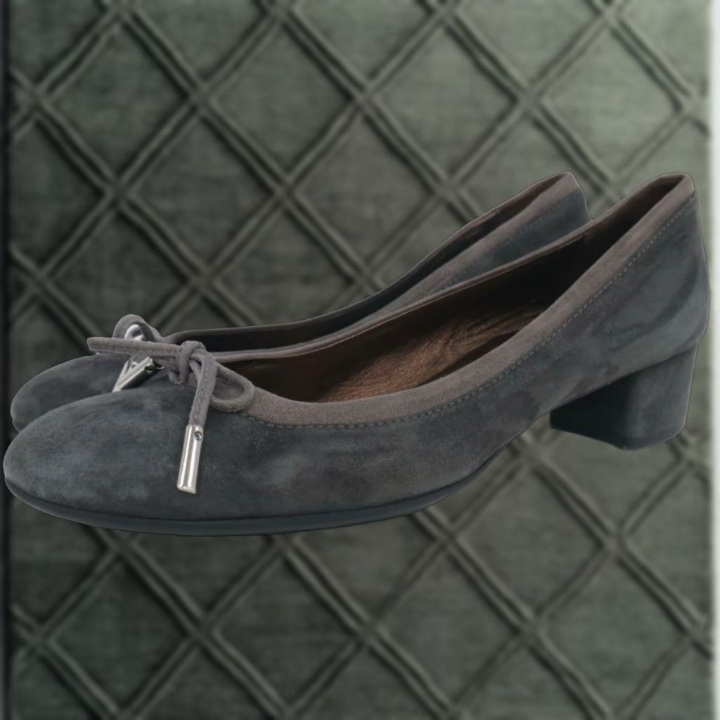 Agl Kristin Gray Suede Leather Ballet Pumps 8.5 Block Heel Shoes Round Toe Work Womens in Grey
