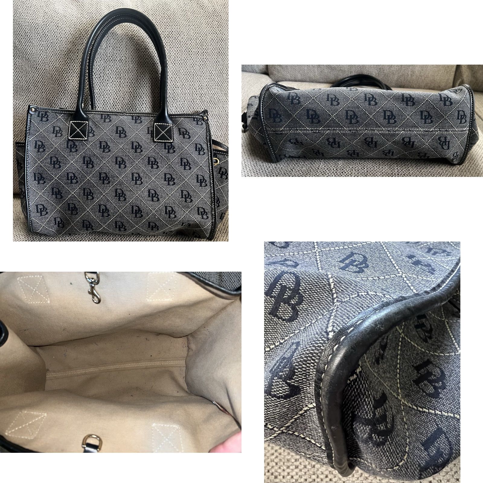 Dooney & Bourke Dooney & Bourke Denim Purse Bag Shoulder Bag Navy Beige 13.5” x 11” x 5.5” Medium Pockets Monogram Size ONE SIZE - 8 Thumbnail