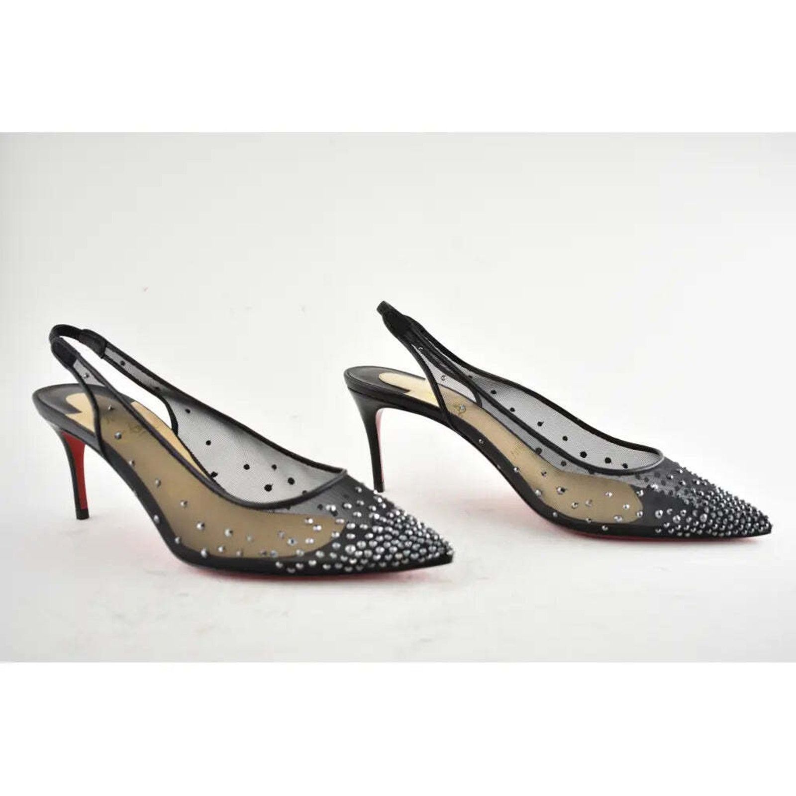 Christian Louboutin Follies Strass Sling 70 Black Leather Mesh Heel Pump 38 Size US 12 / IT 42 - 4 Thumbnail