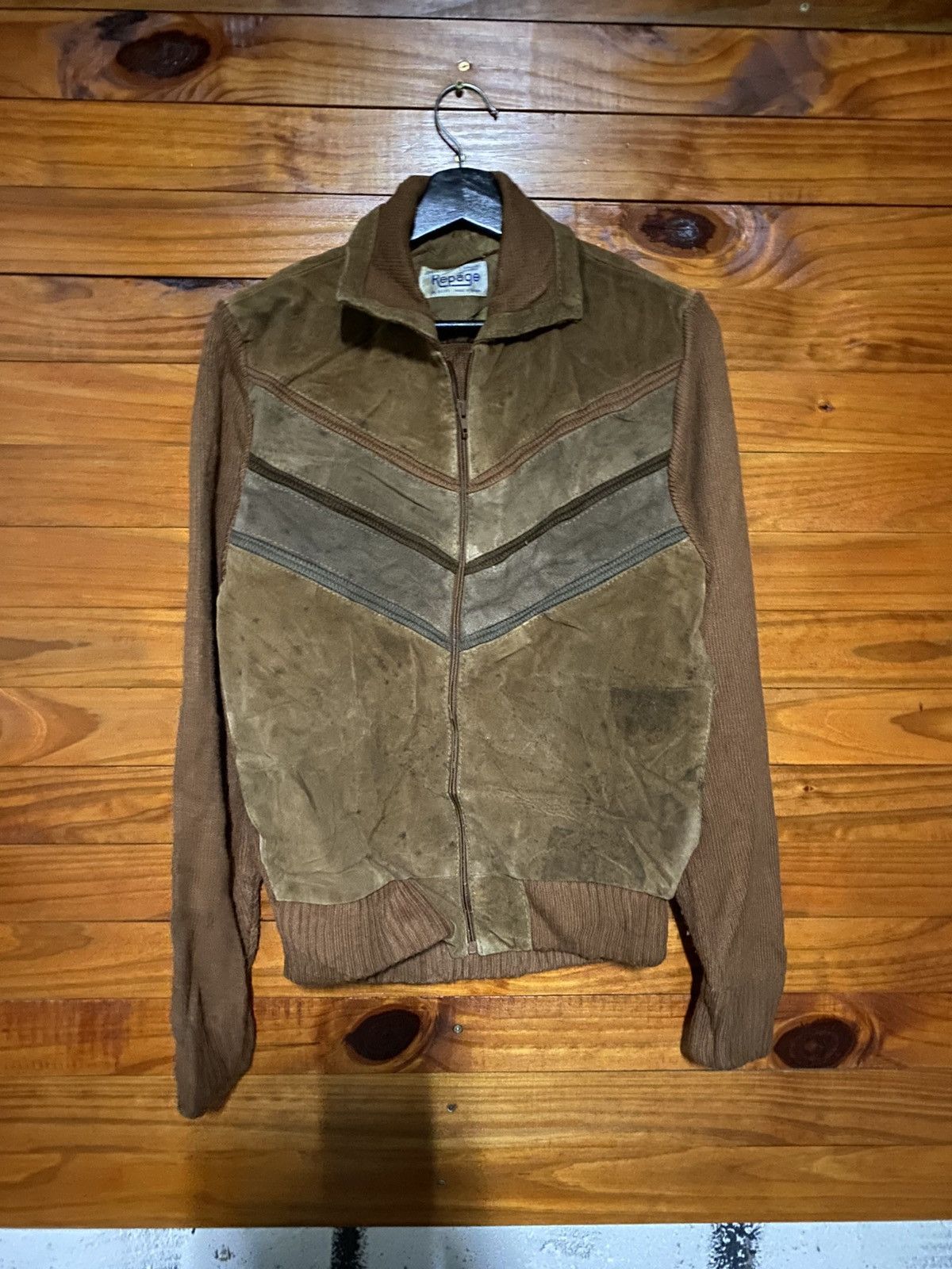 Vintage Vintage 1970s Repäge Brown Leather Knit Jacket Retro Unisex Size US S / EU 44-46 / 1 - 3 Thumbnail