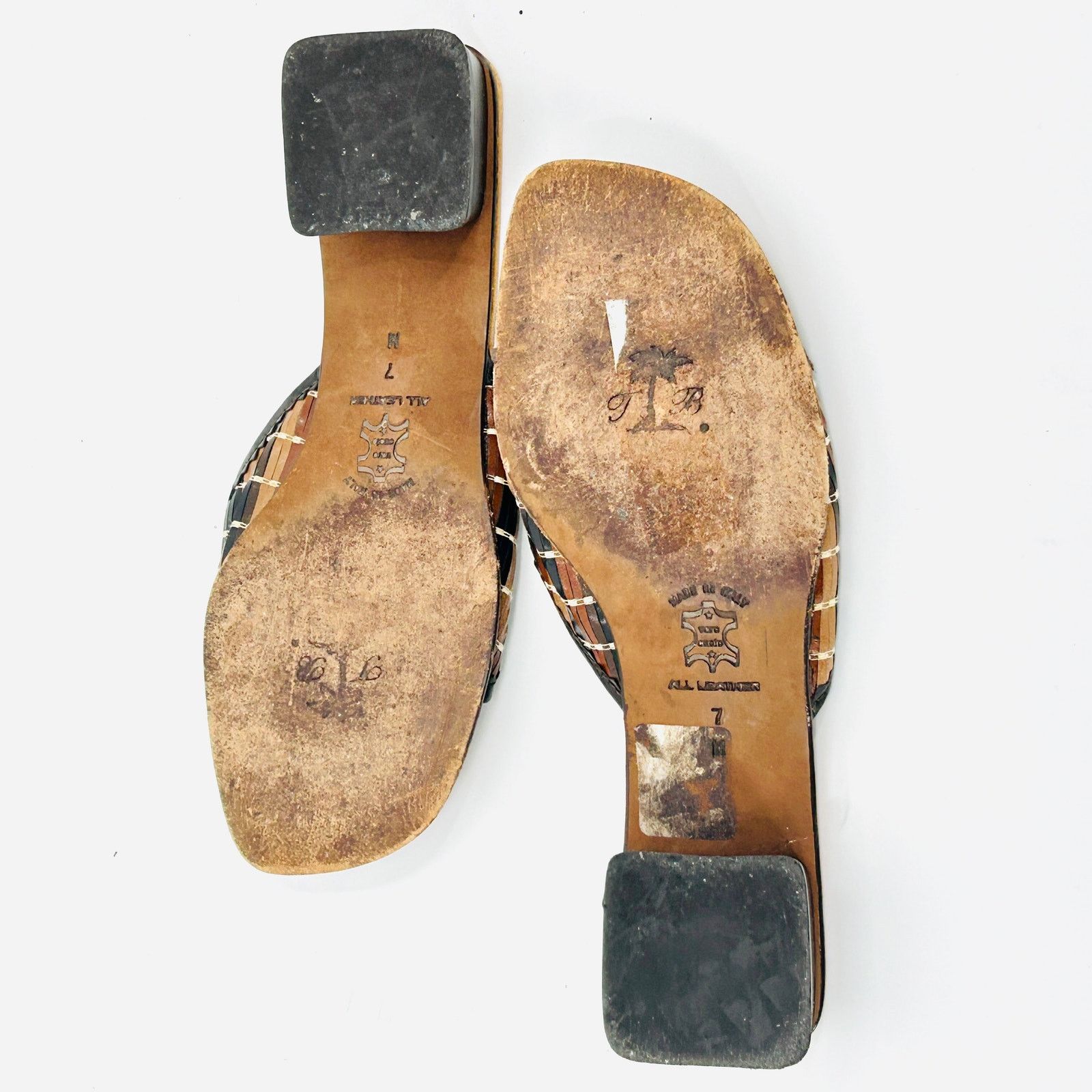 Vintage 90s Brown Tan Woven Leather Block Heel Mules