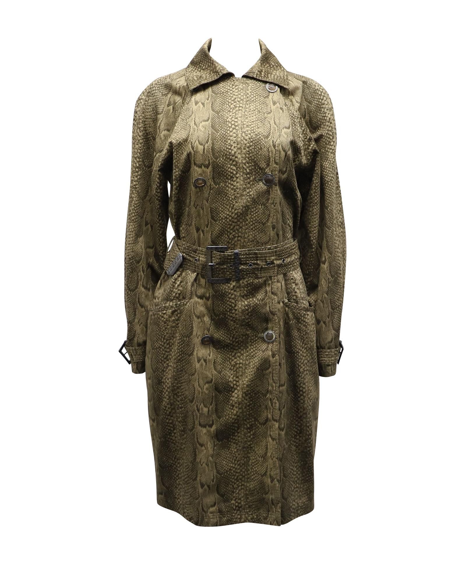 image of Versace Snakeskin Print Trench Coat In Green Rayon in Green/Olive, Women's (Size XL)