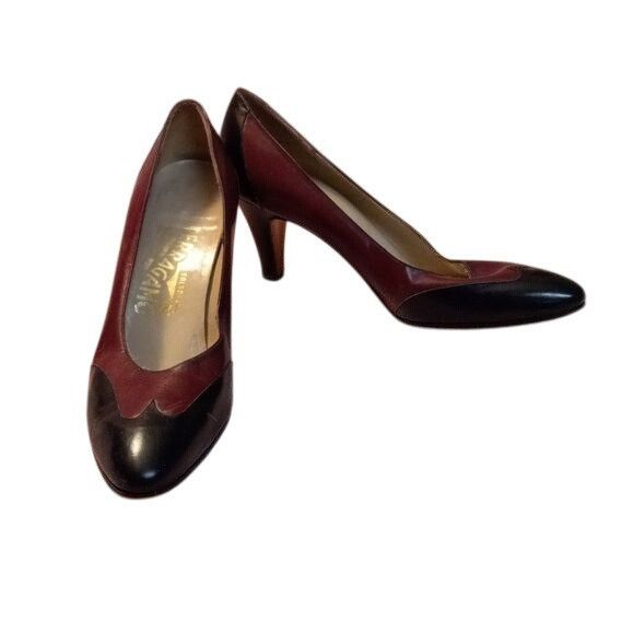 Salvatore Ferragamo Size 6.5 AA Ferragamo Burgundy Black Leather Heels Italy Lea Size US 6.5 / IT 36.5 - 1 Thumbnail