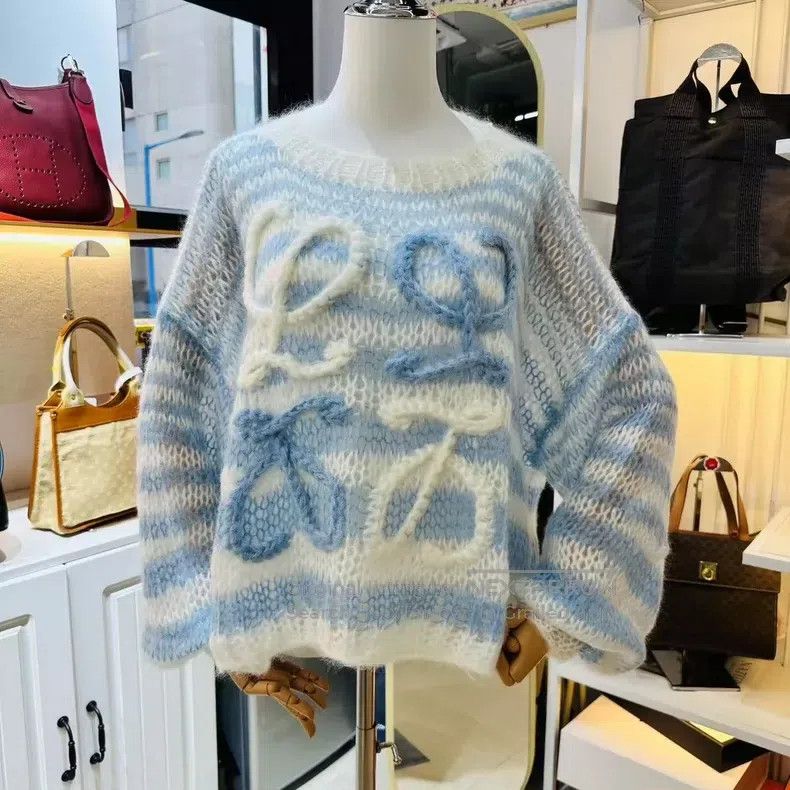 Loewe Loewe Light blue knitted sweater with big logo round neck, Size S / US 4 / IT 40 - 1 Thumbnail