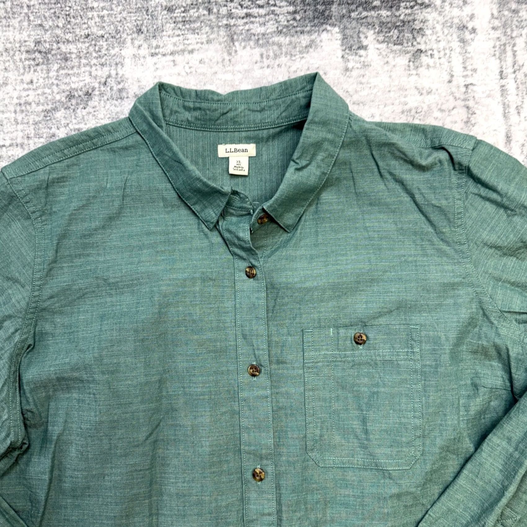 Vintage L.L. Bean Button-Up Shirt Womens XL Green Chambray Cotton Stretch Roll Tab Sleeve Fall Spring Summer Winter Regular Fit Size XL / US 12-14 / IT 48-50 - 3 Thumbnail