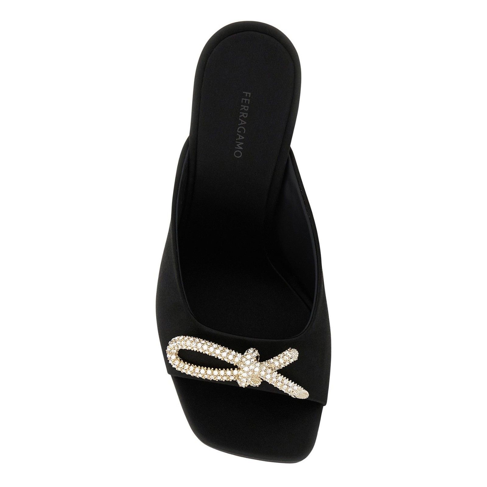 FERRAGAMO Crystal Jewel Bow Black Satin 105mm Heel Mules New