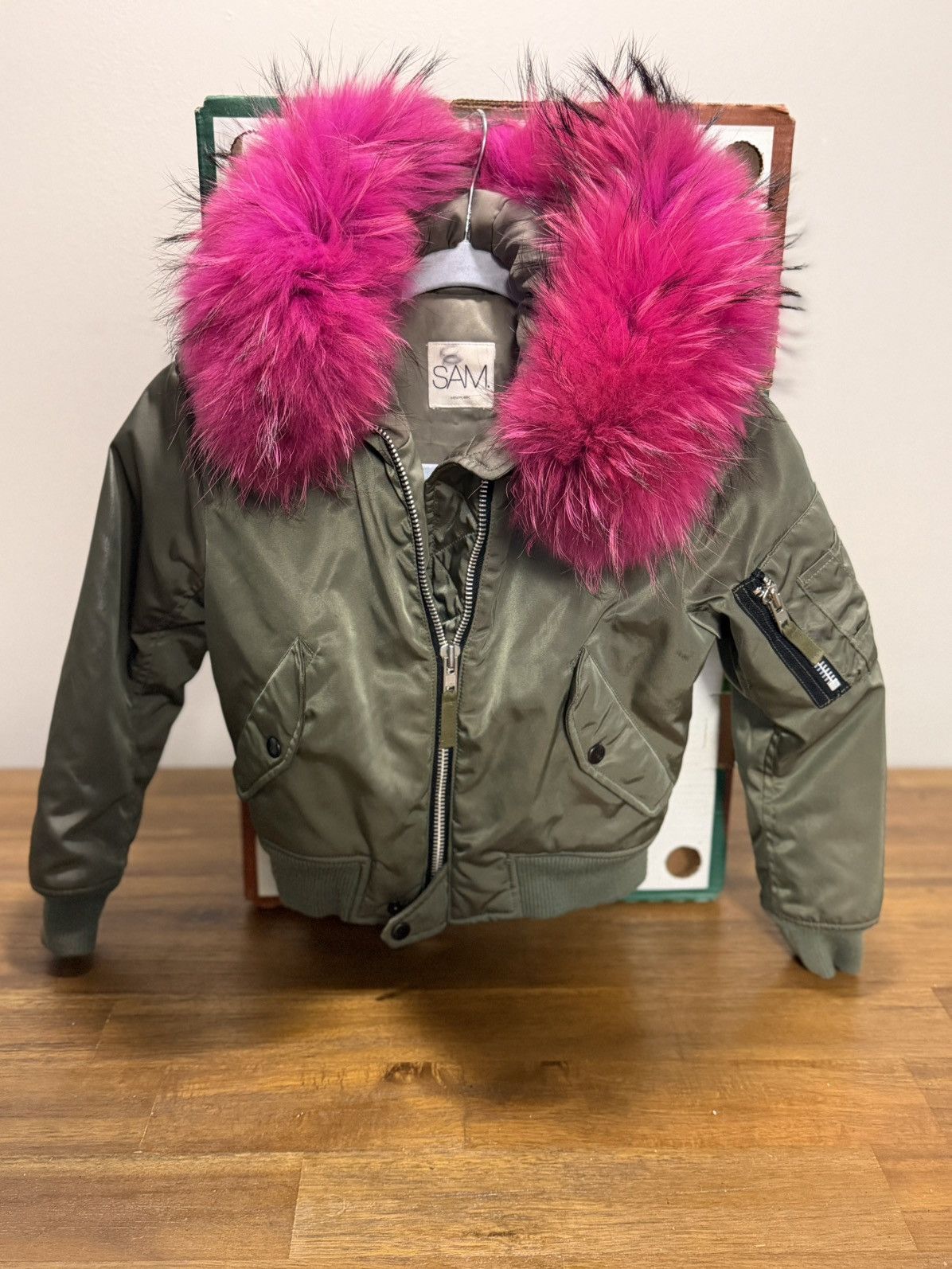SAM. Sam Bomber Jacket Girls Size 8 Green Pink Fur Collar Size M / US 6-8 / IT 42-44 - 1 Thumbnail
