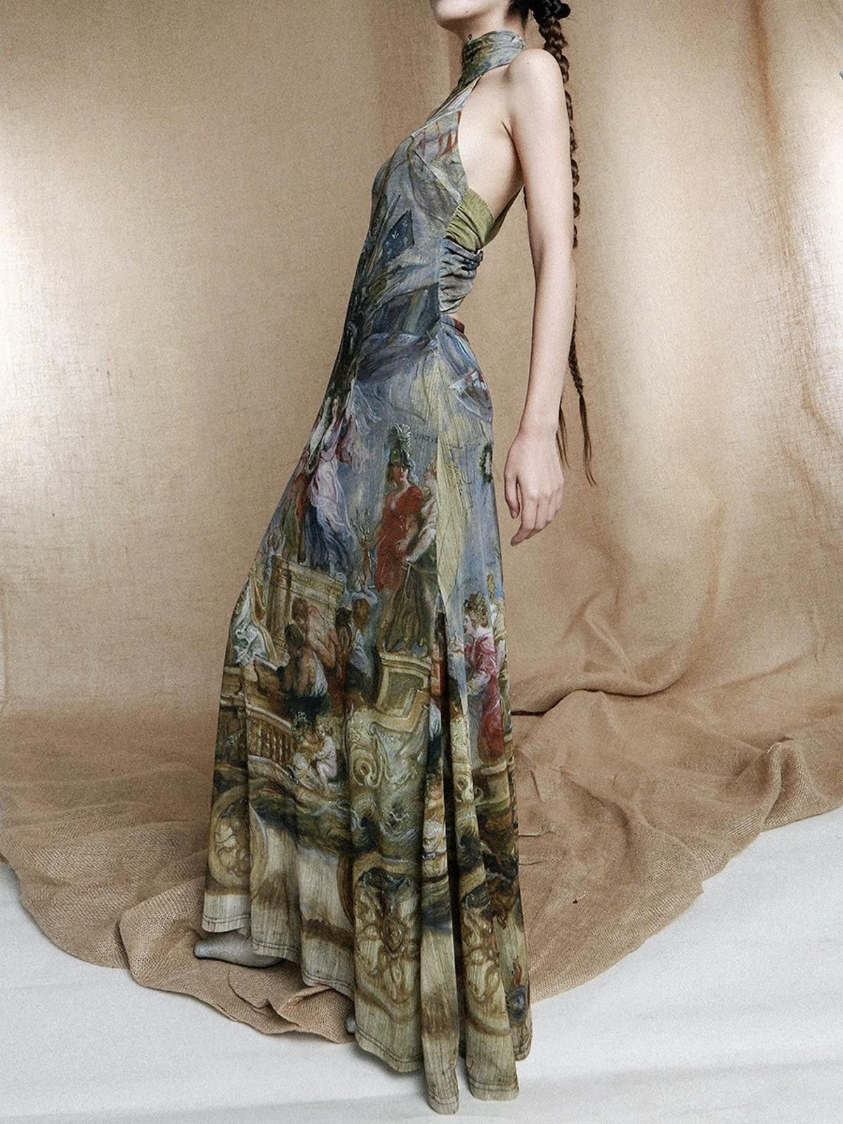 Designer Vintage Style Painting Print Halter Maxi Dress Size M / US 6-8 / IT 42-44 - 3 Thumbnail