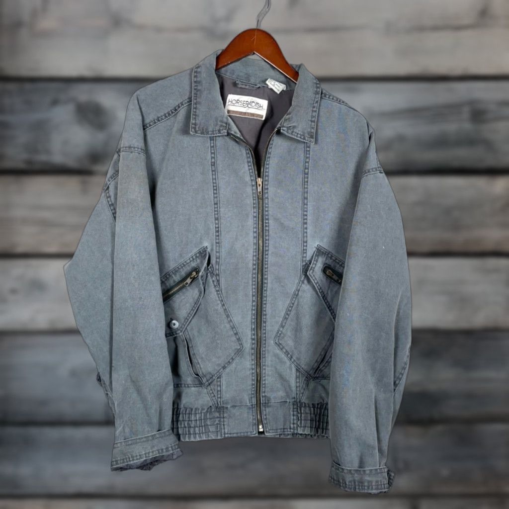 VINTAGE Horseradish 90s Canvas Jacket Gray XL Men Zip Up Casual Military Jacket Pattern Solid Lined Pockets Retro Movie Marty McFly Style Cosplay