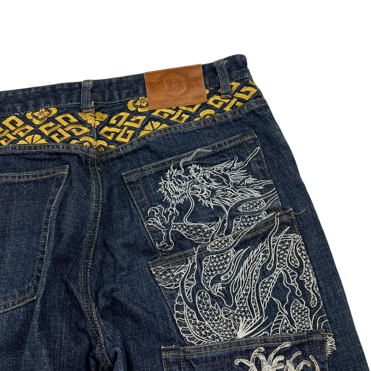 Karakuri Tamashii Vintage Karakuri Embroidered Dragon Japanese Jeans Waist 33 Size US 33 - 3 Thumbnail