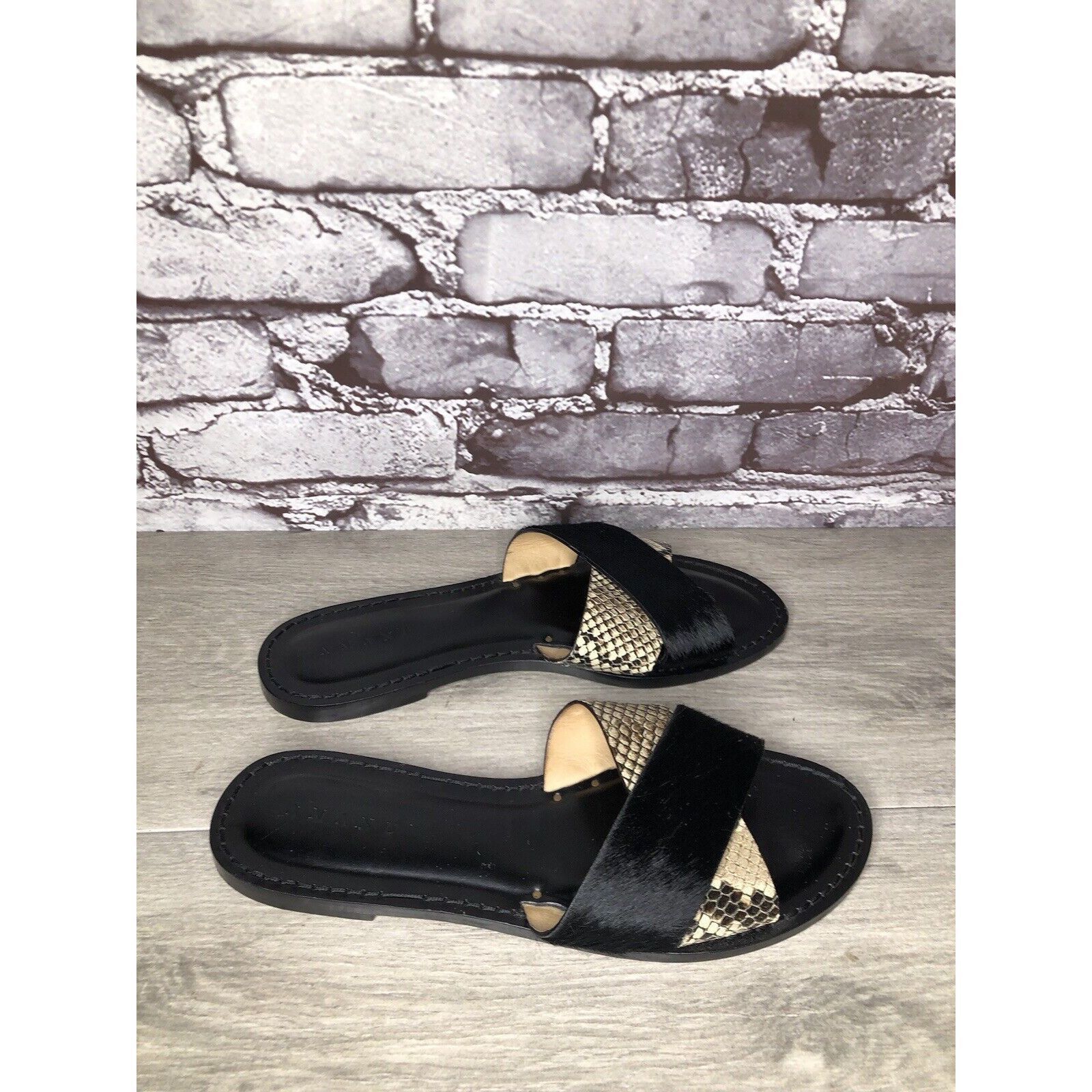 Amanu Black Calf Hair Leather Python Cross Strap Slides Sand