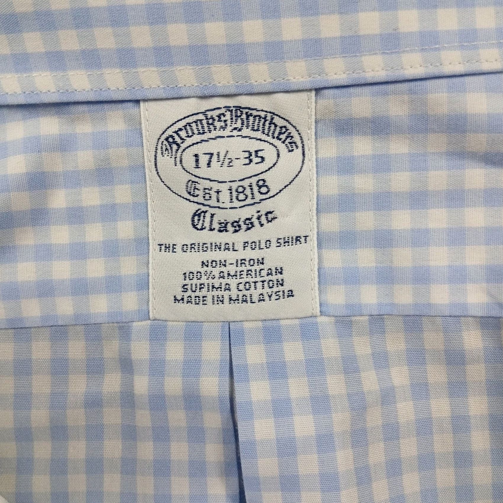 Brooks Brothers Brooks Brothers Dress Shirt Gingham 17.5 35 Blue Non-Iron Supima Classic Fit Button-Down Collar EUC Mens Shirt Size 48R - 5 Thumbnail