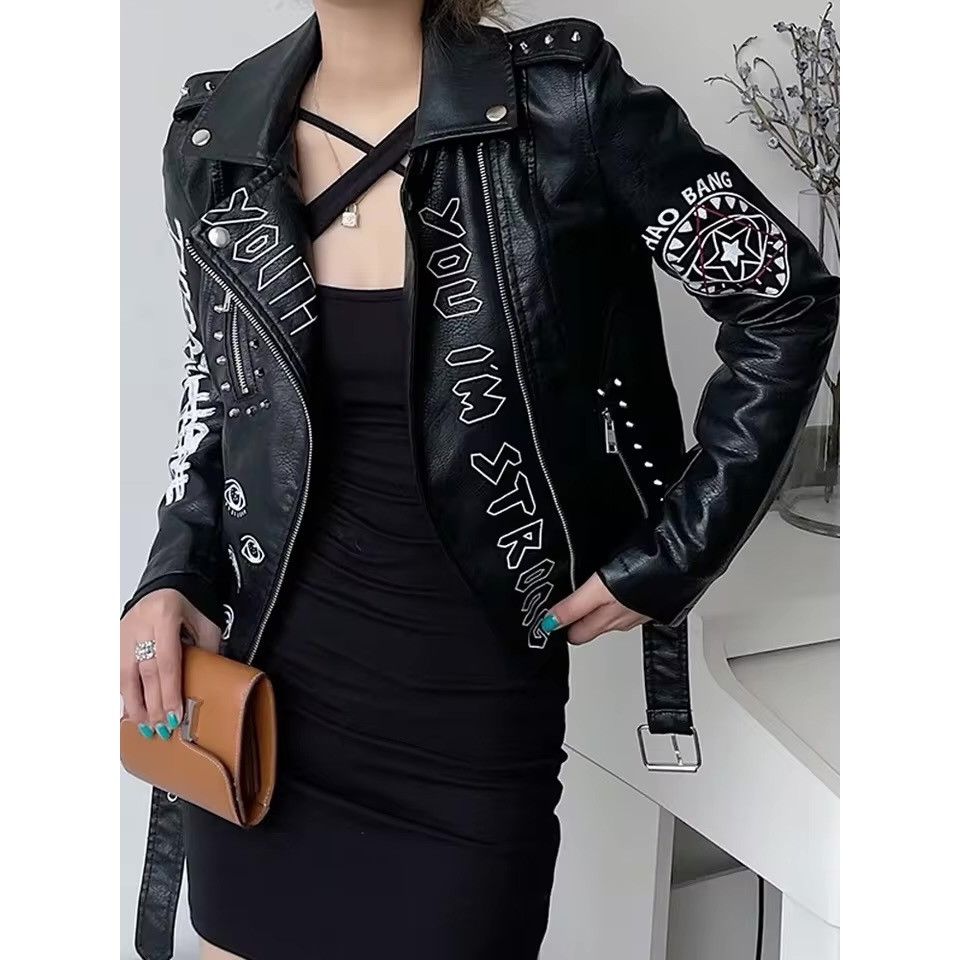 Other Black Punk Rock Graphic Studded Belted Vegan Leather Jacket Size M / US 6-8 / IT 42-44 - 12 Thumbnail