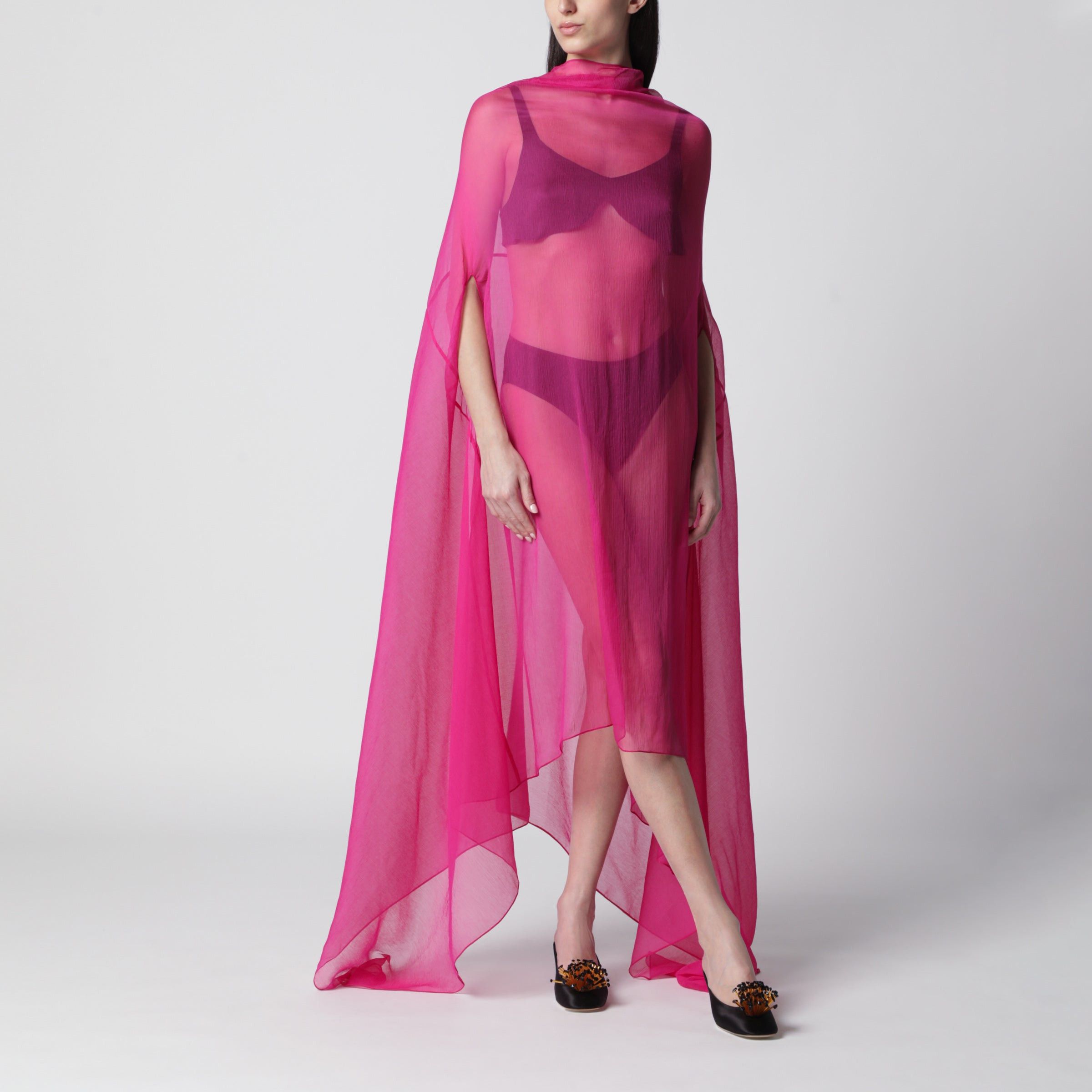 Dries Van Noten Dries Van Noten Wide Cape Dress Fuchsia In Sheer Silk Size S / US 4 / IT 40 - 1 Thumbnail